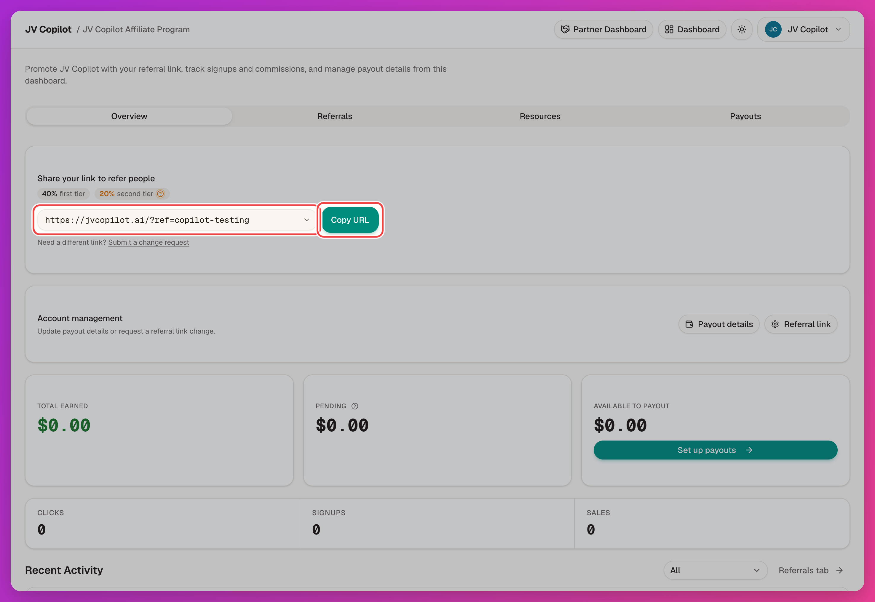 Affiliate dashboard Overview with the referral link and Copy URL button highlighted