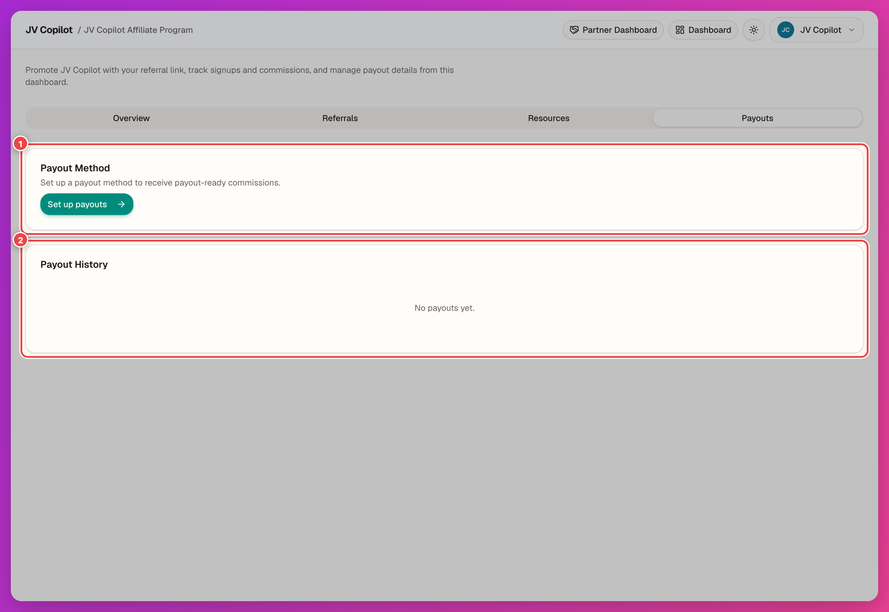 Affiliate Payouts tab with the payout method and payout history highlighted