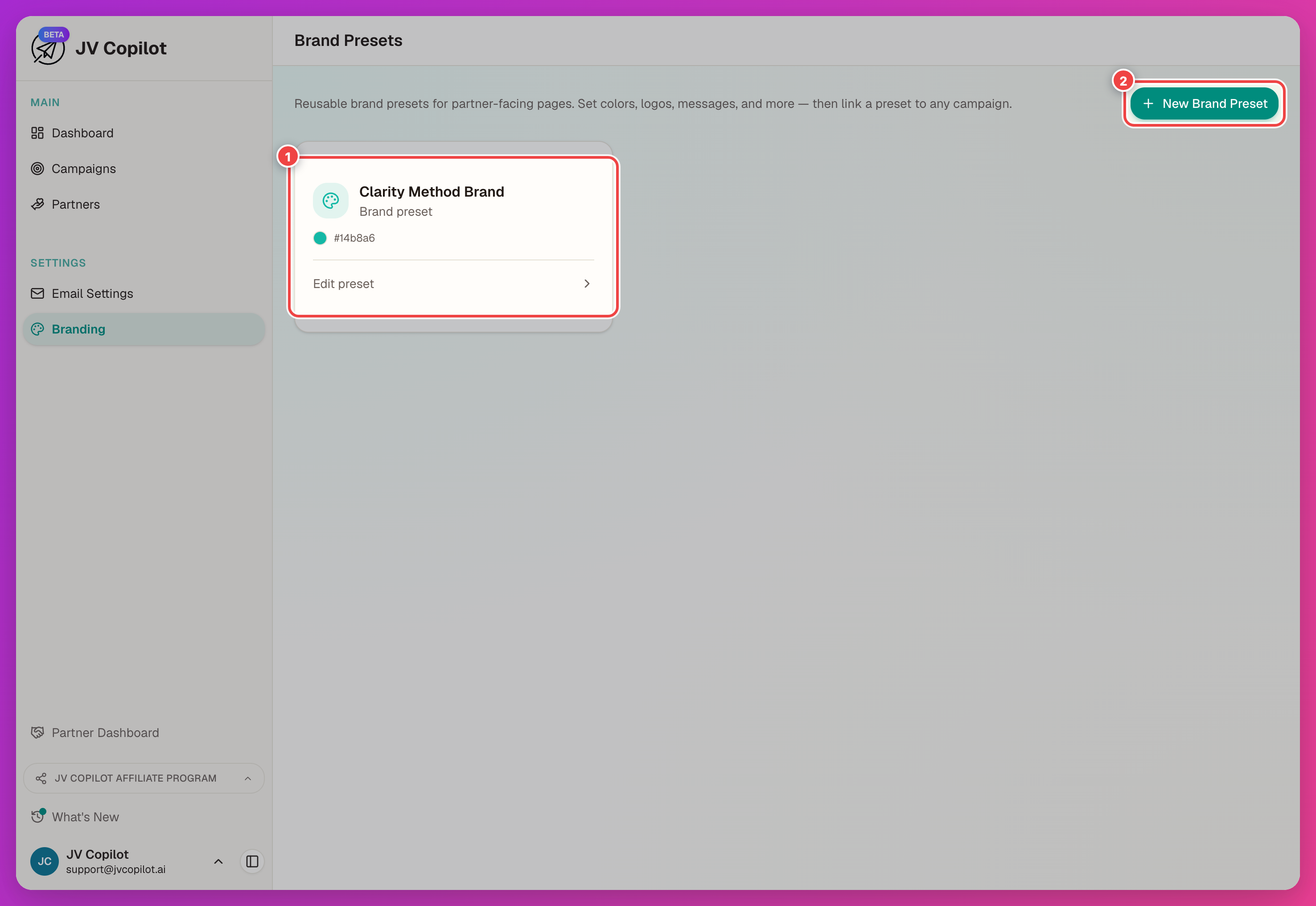 Brand Presets settings page showing preset cards and the New Brand Preset button