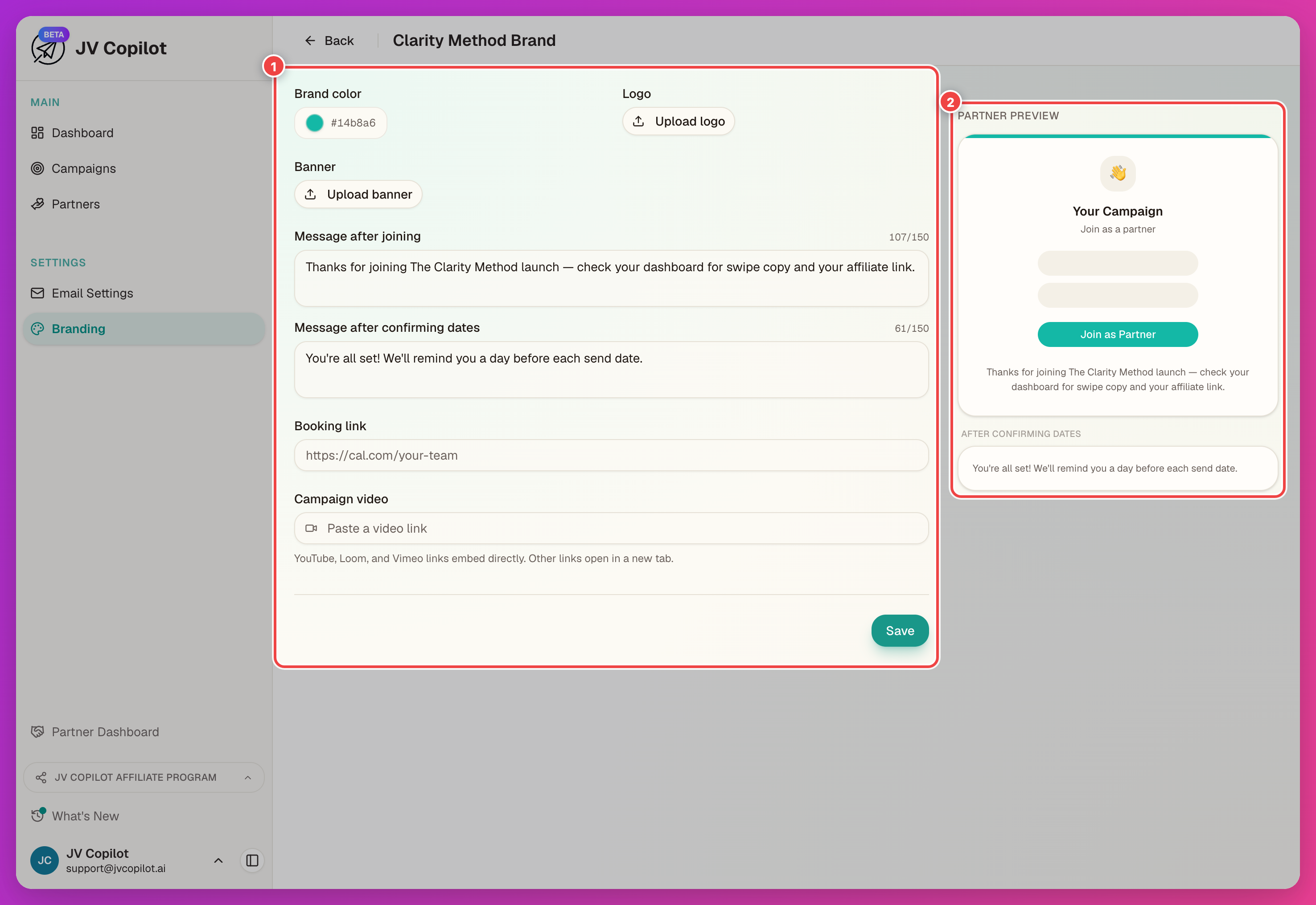 Brand preset editor with the form fields and partner preview panel