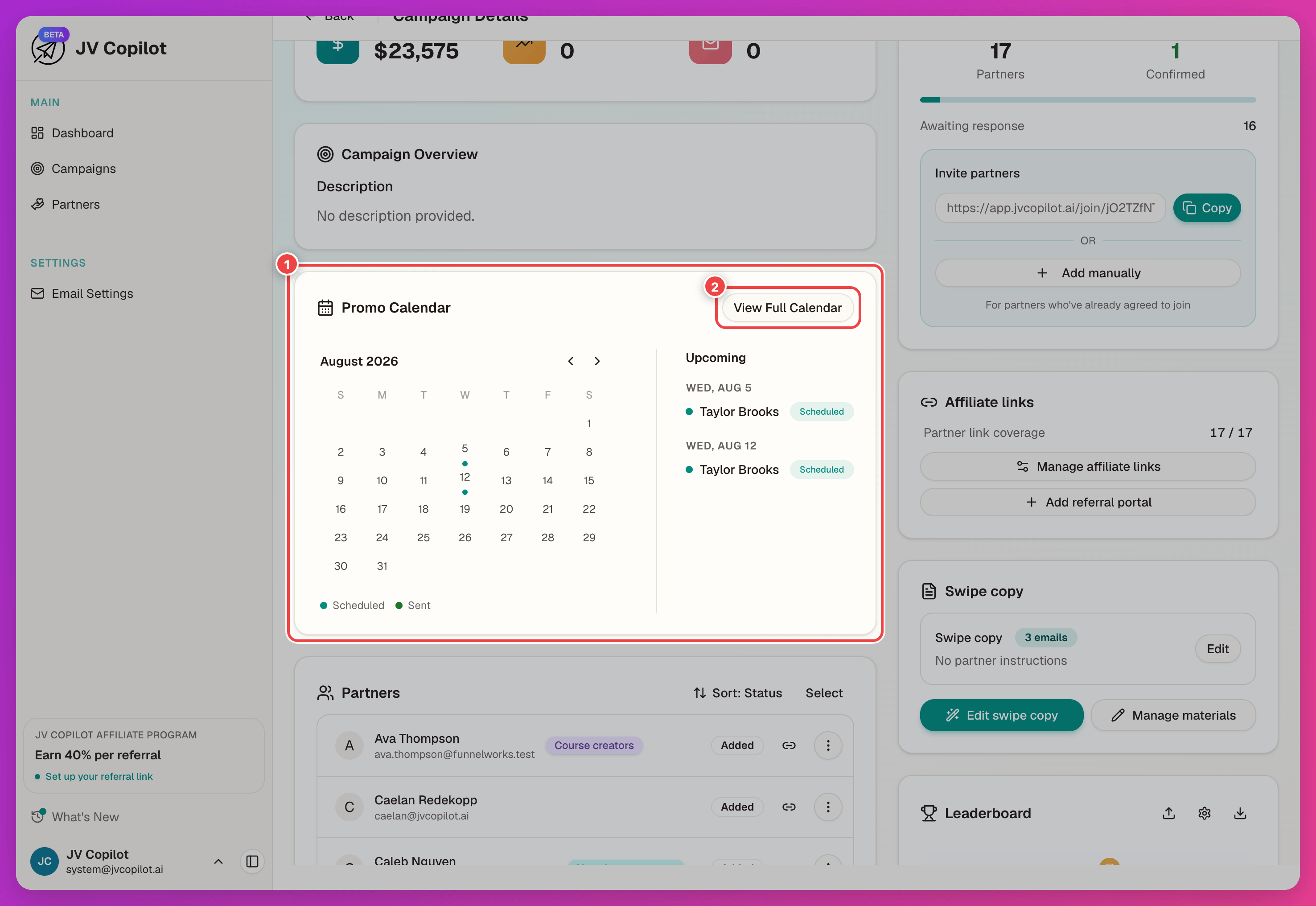 Promo calendar showing confirmed partner send dates across the campaign timeline