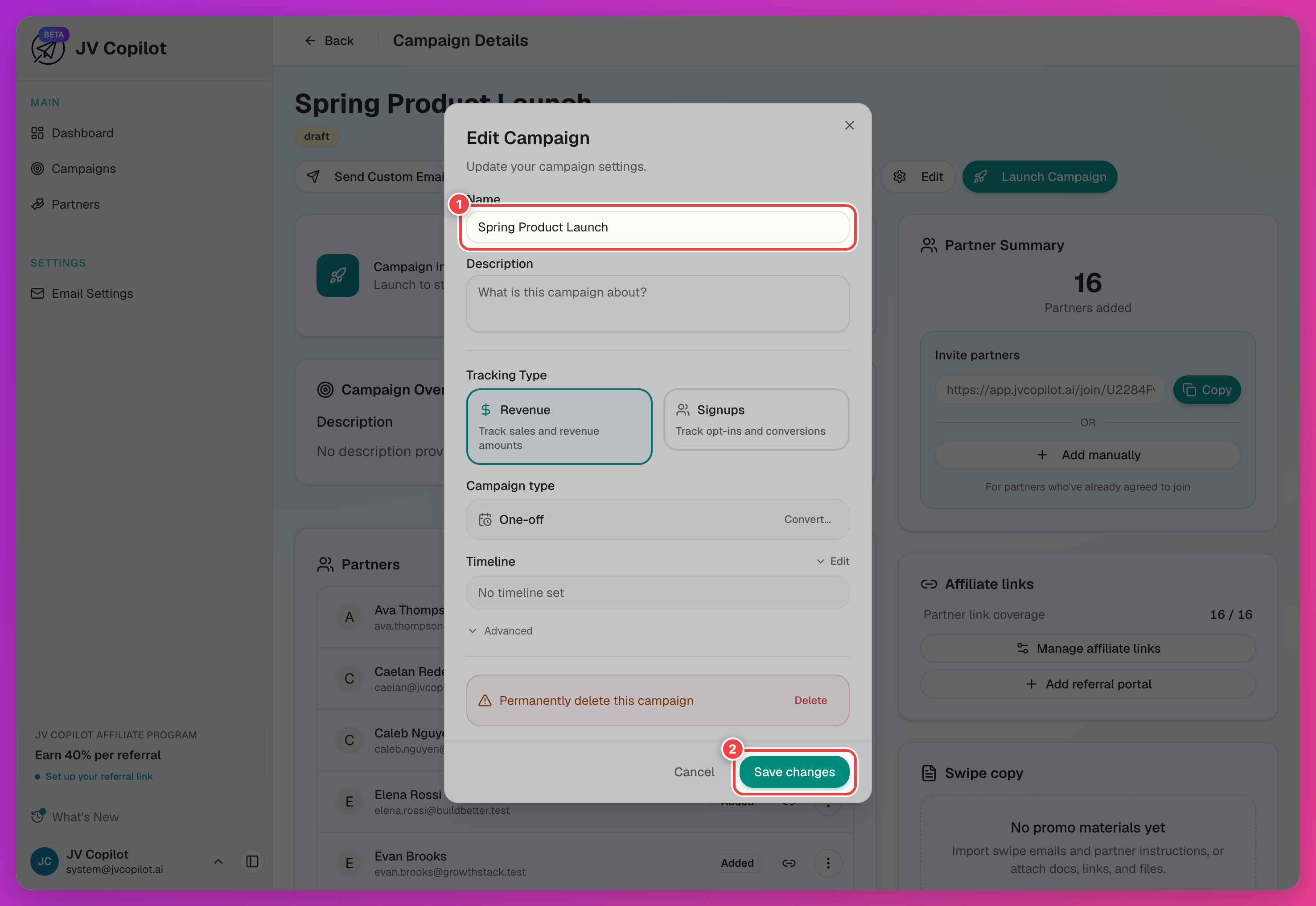 Edit Campaign modal with the campaign name field and save button highlighted