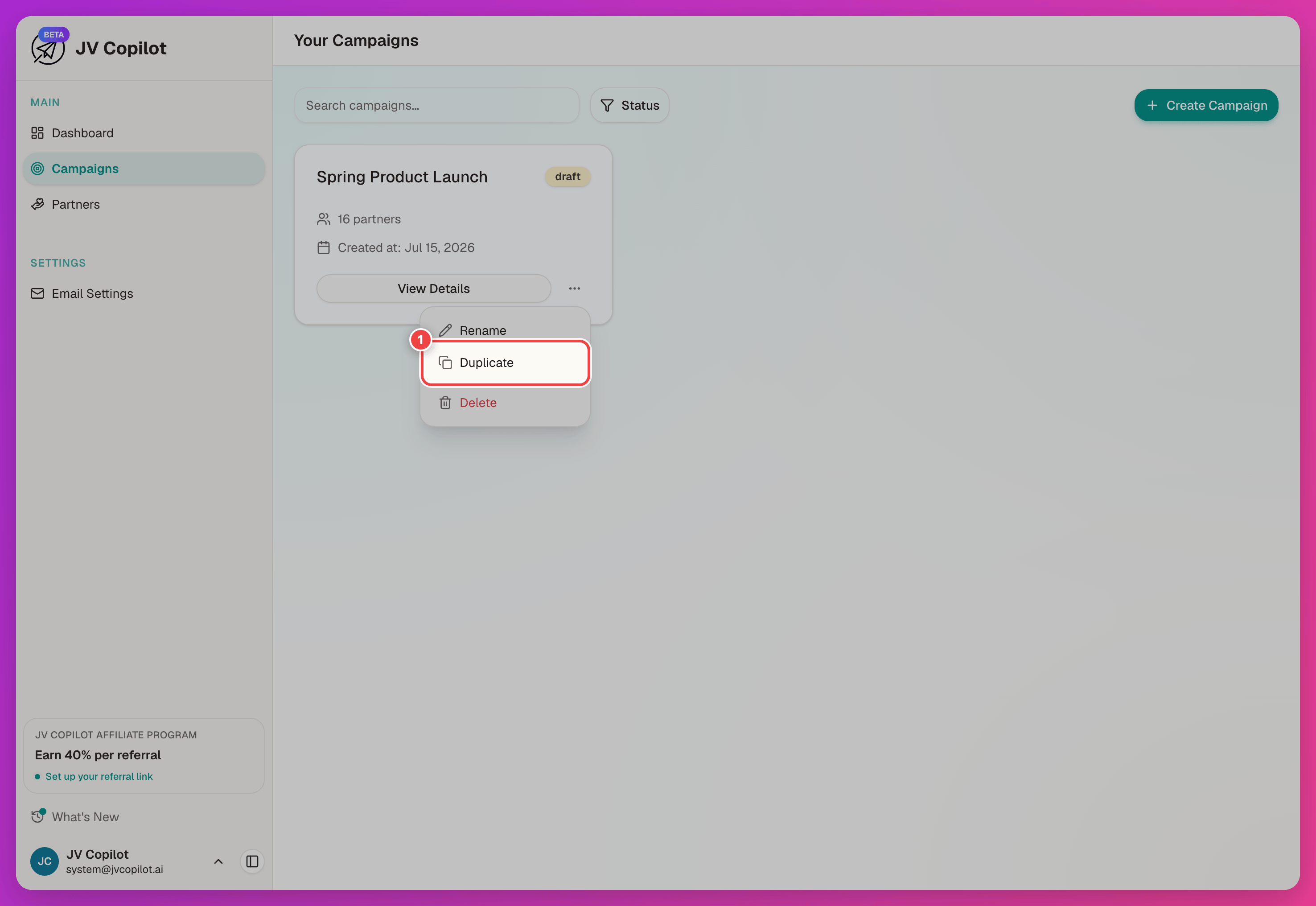 Campaigns page with the campaign card's actions menu open and the Duplicate option highlighted