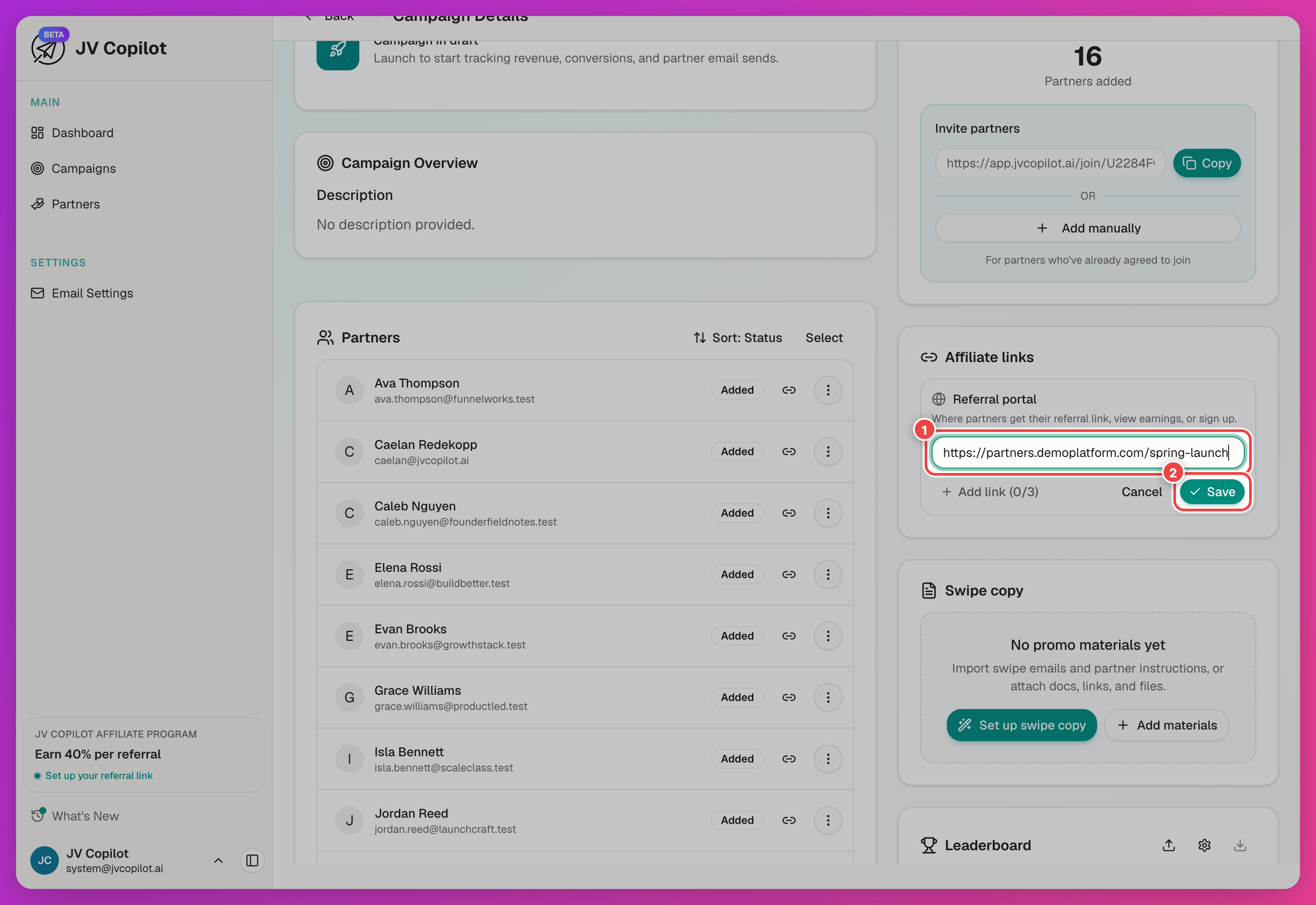 Referral portal editor with the portal URL field and Save button highlighted