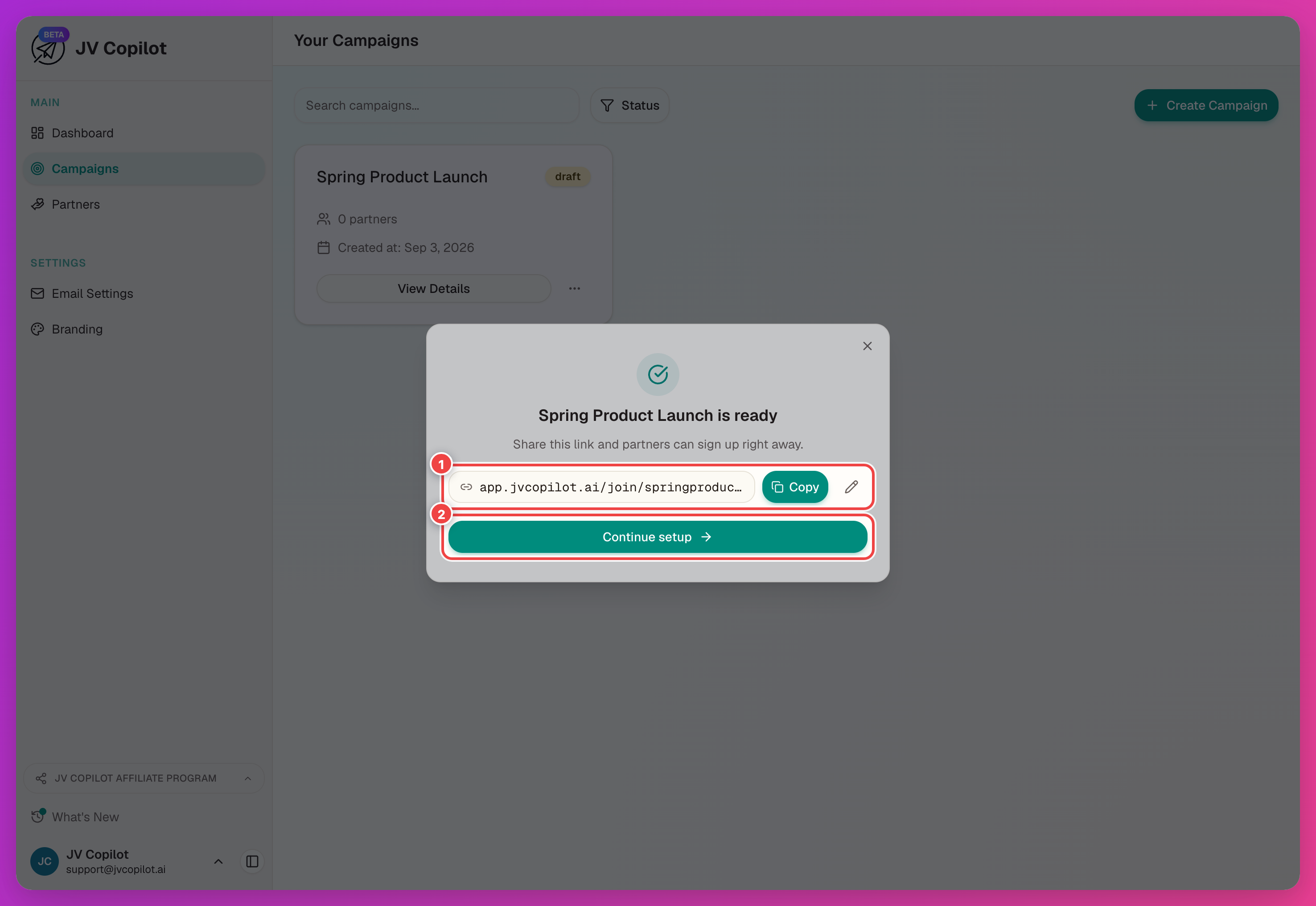 Campaign-created confirmation showing the join link, Copy button, and Continue setup button
