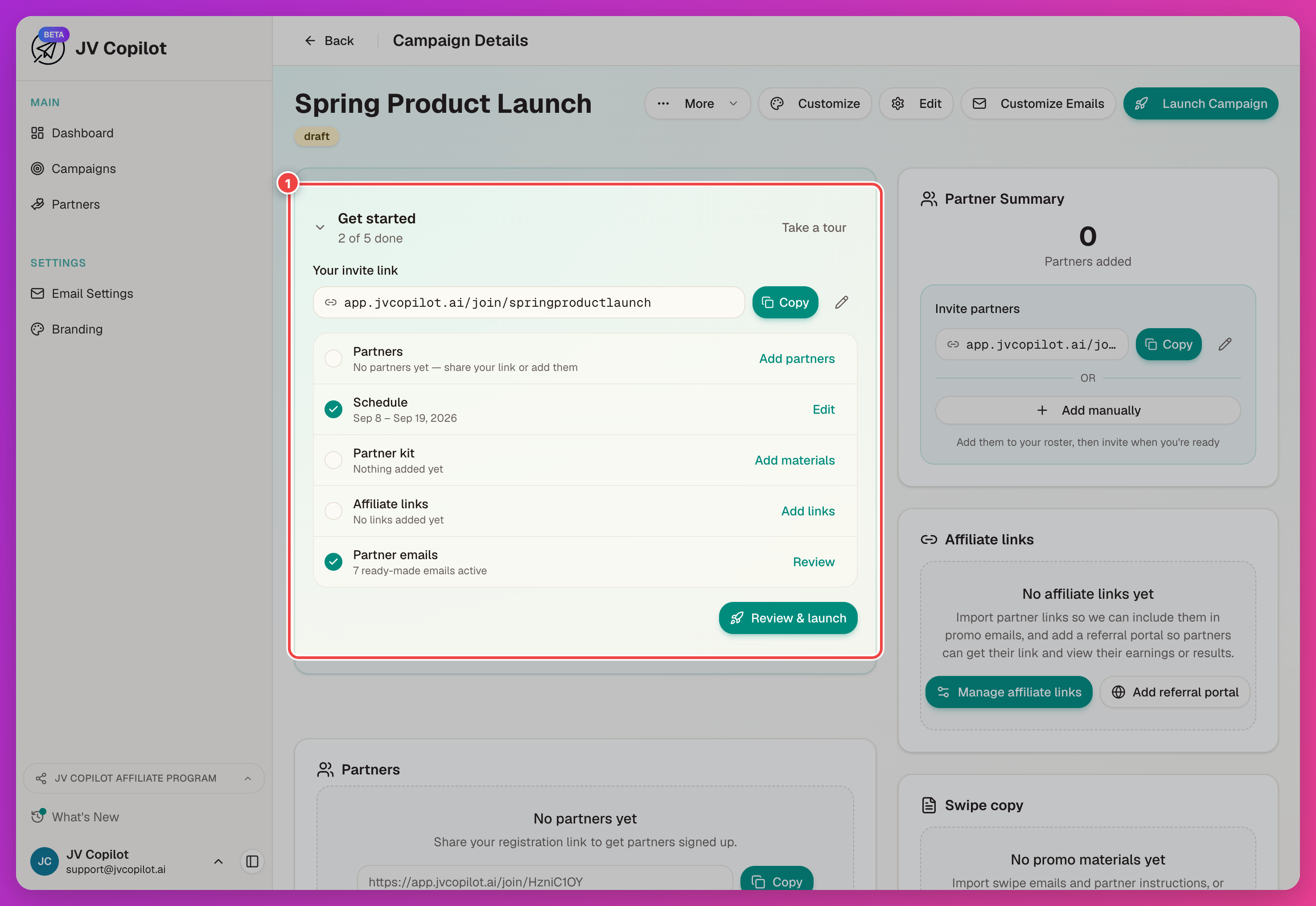 Get started panel on a draft campaign showing the invite link and setup rows