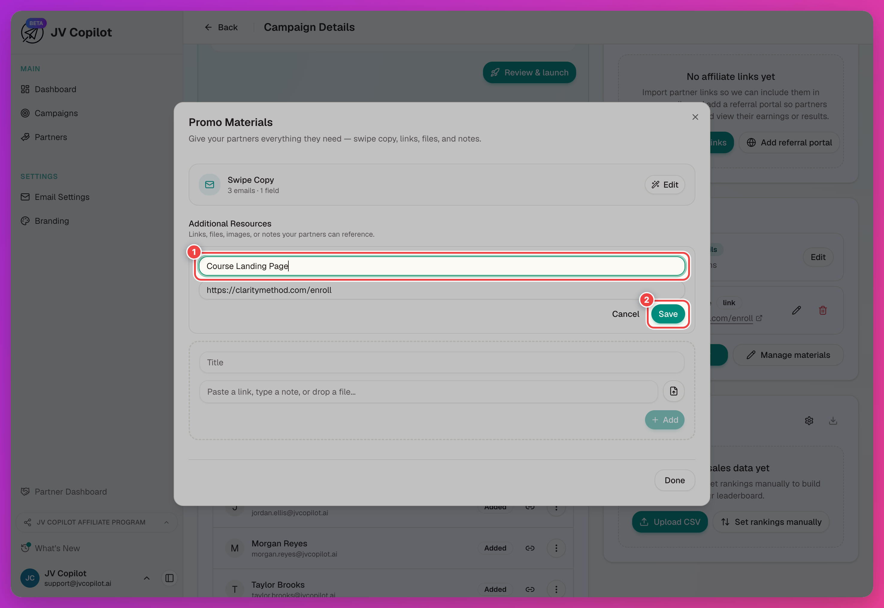 Campaign materials list with a material's edit form open, showing the Title field and Save button highlighted