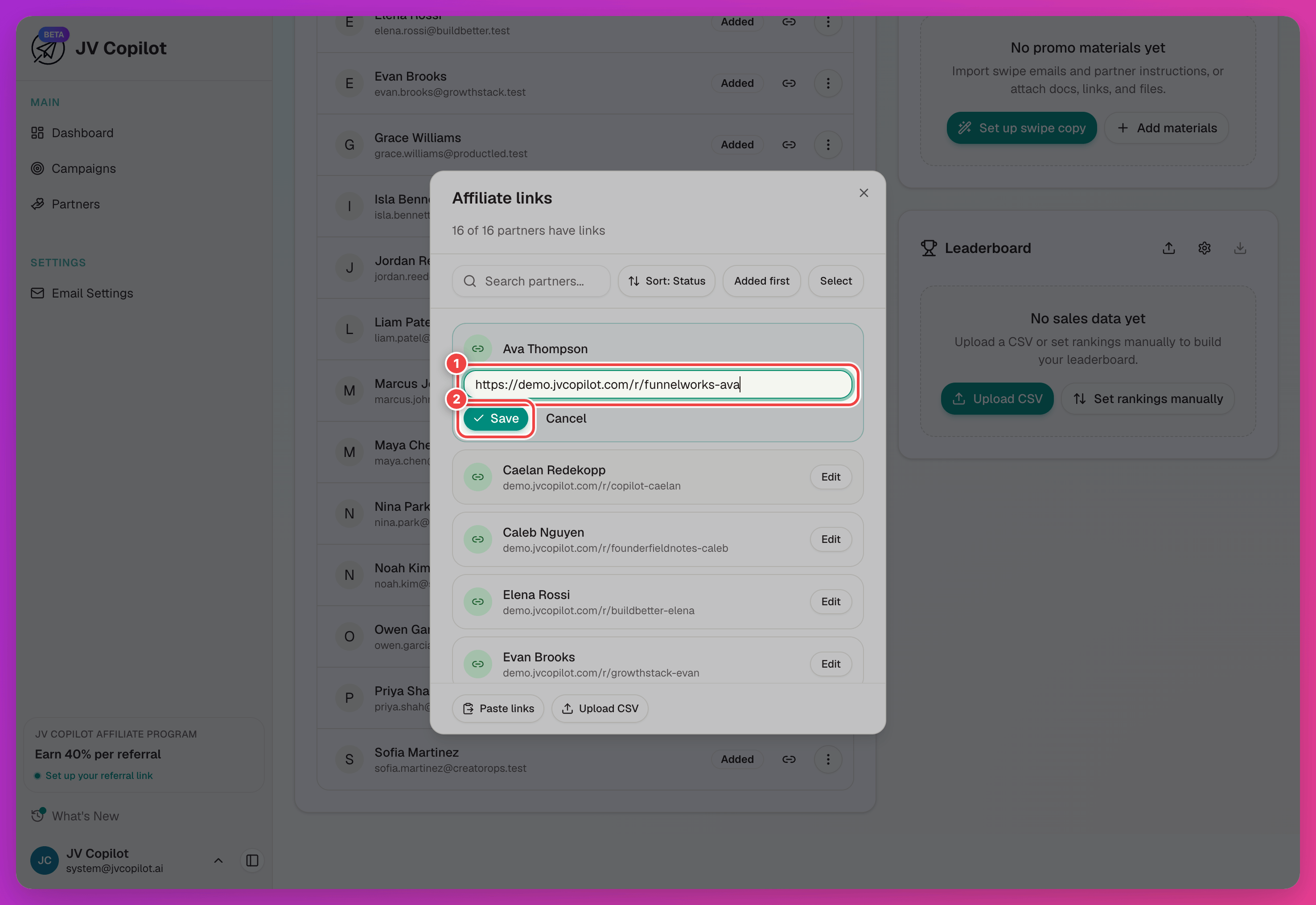 Affiliate links manager with a partner's link in edit mode, showing the link field and Save button highlighted
