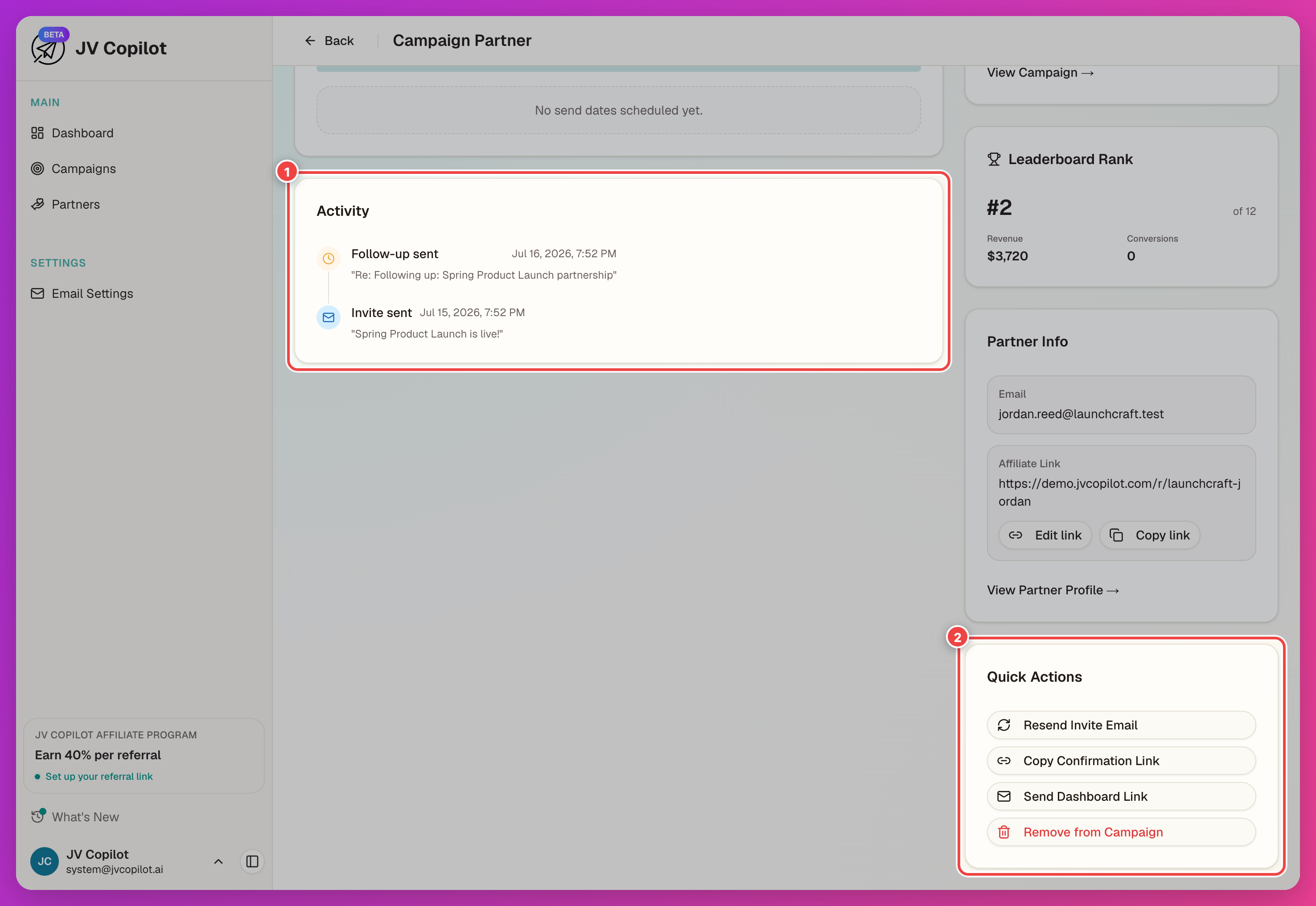 Campaign partner page on a live campaign with the activity feed and Quick Actions highlighted