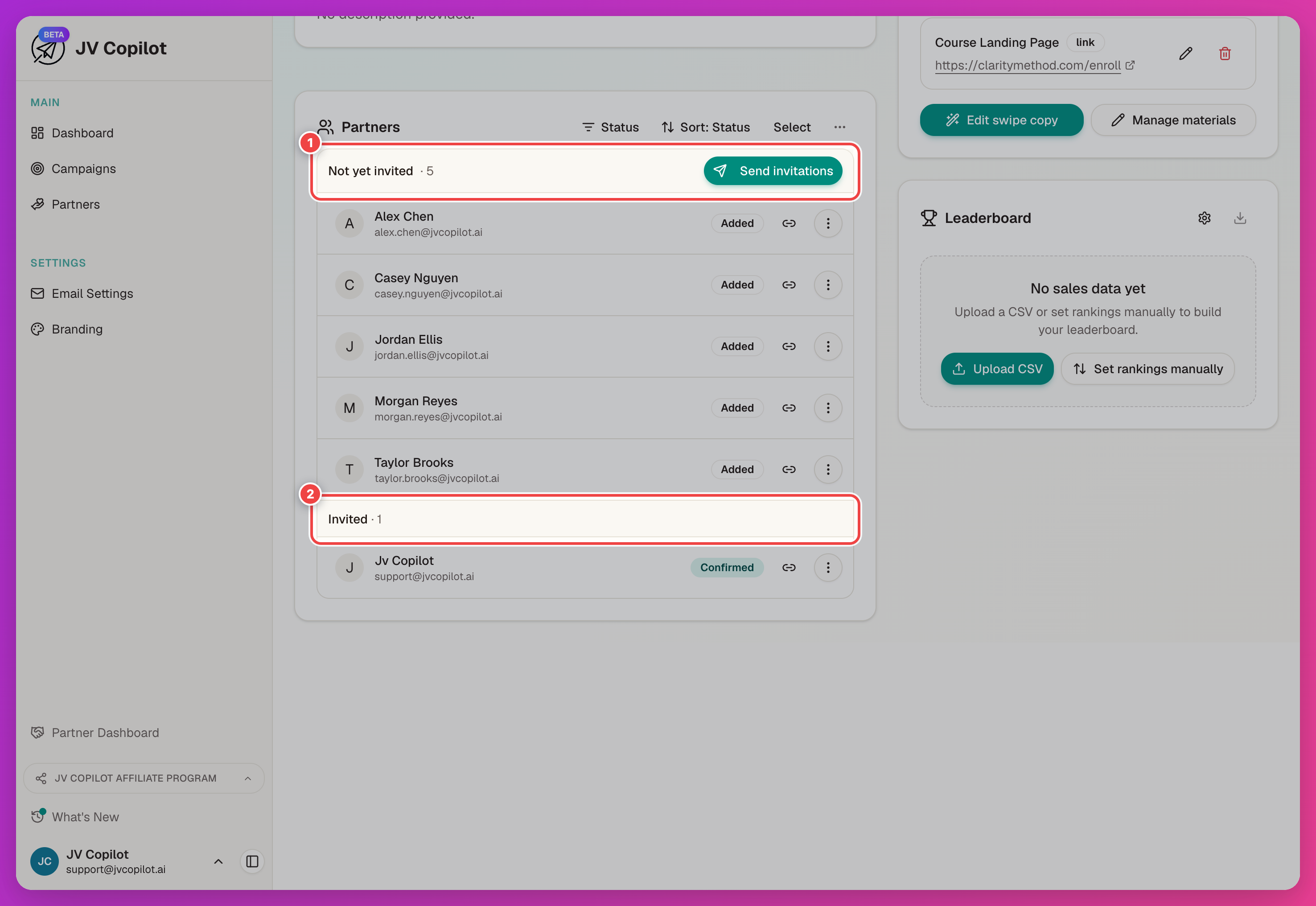 Partner list showing the "Not yet invited" group header with its count and Send invitations button, above the "Invited" group