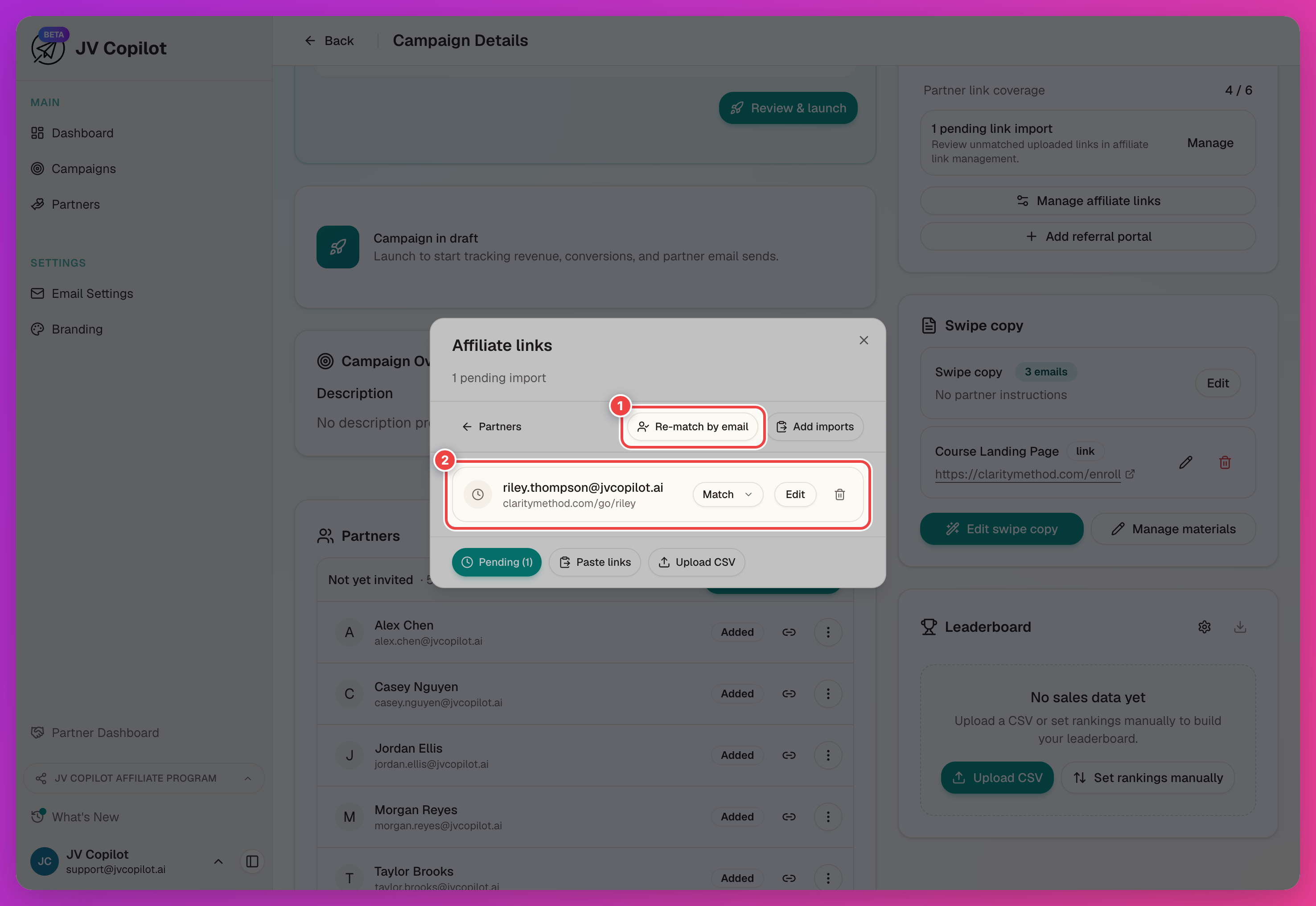 Affiliate links manager in its Pending view, showing an unmatched import row with Match, Edit, and remove actions, and the Re-match by email button