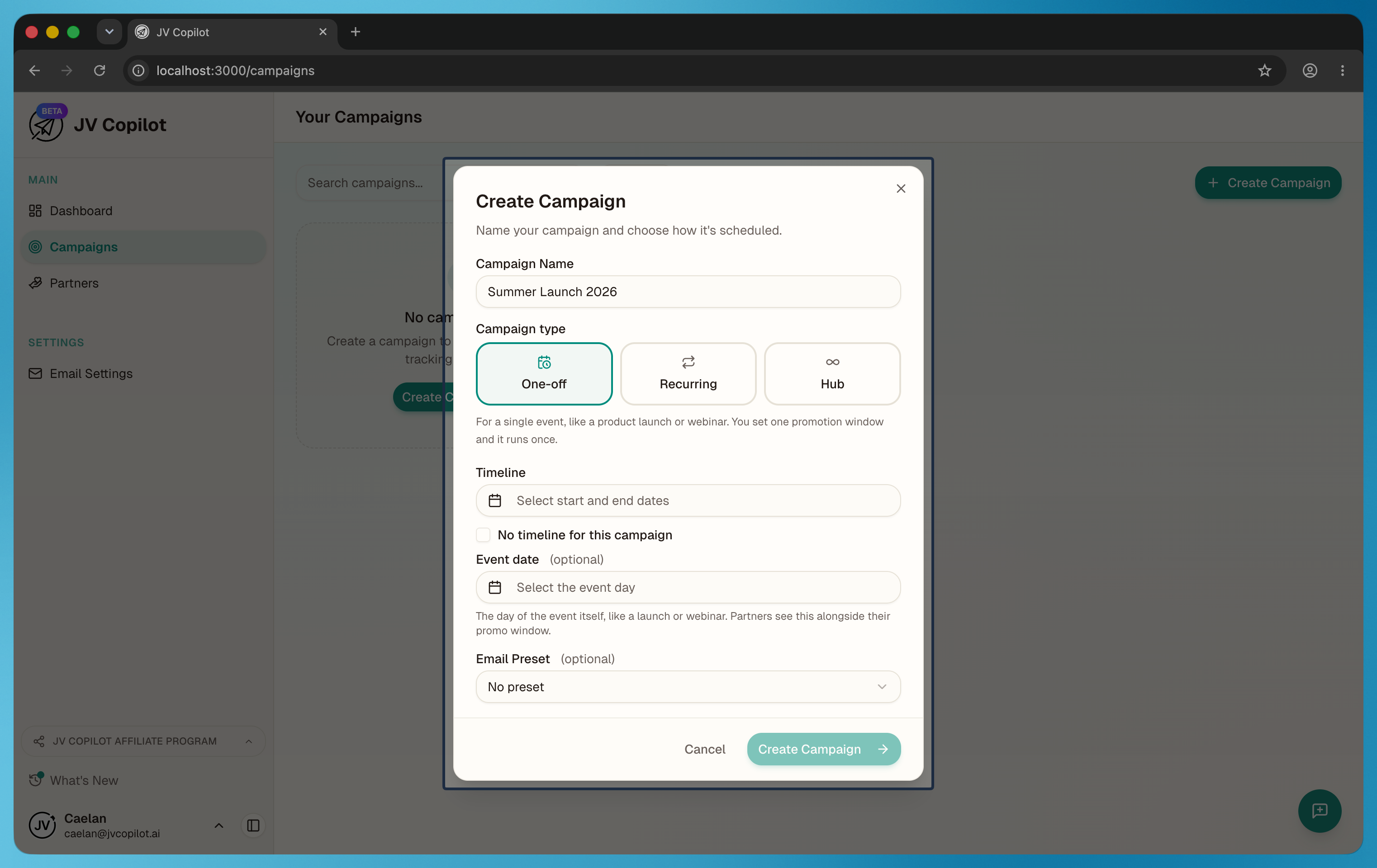 Create Campaign modal with the name and timeline fields visible and the Create Campaign button highlighted