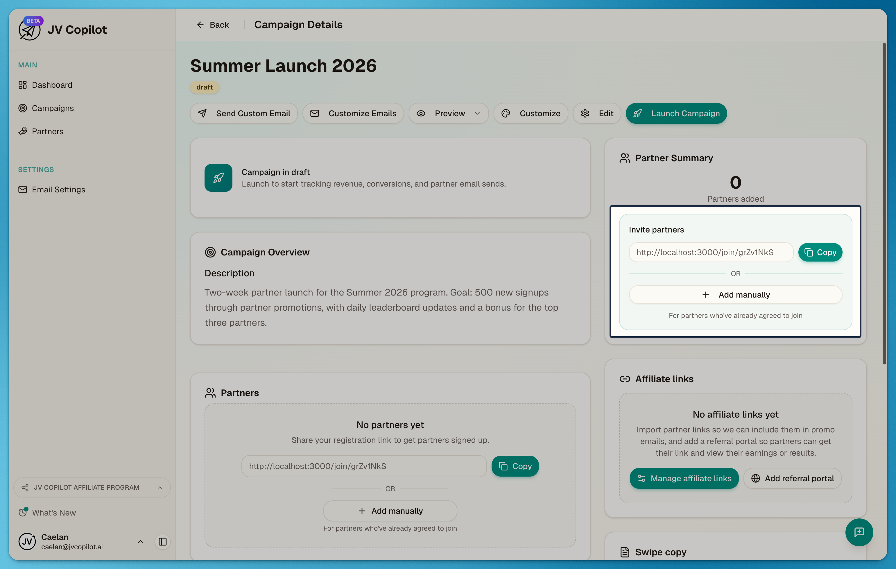 Campaign page Invite partners panel showing the join link with the Copy button and the Add manually option