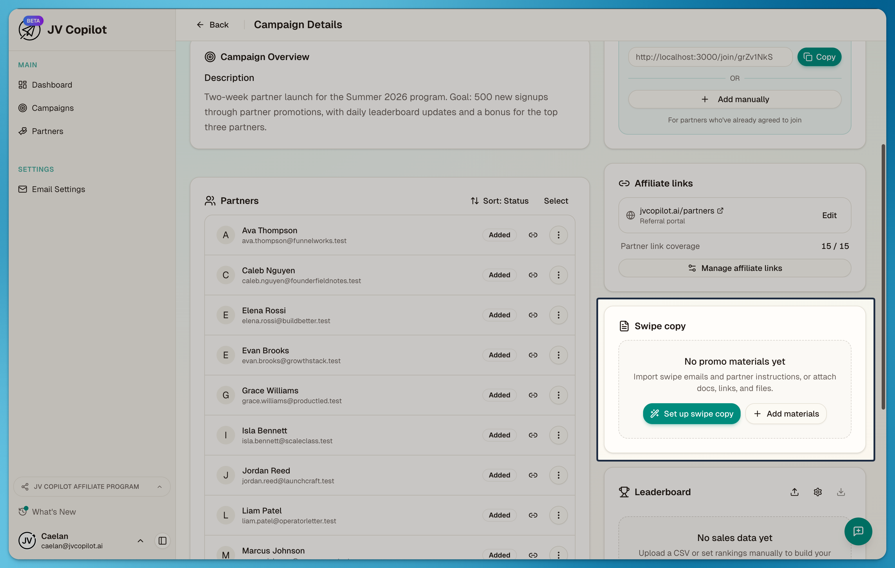 Campaign page Swipe copy card with the Set up swipe copy and Add materials buttons