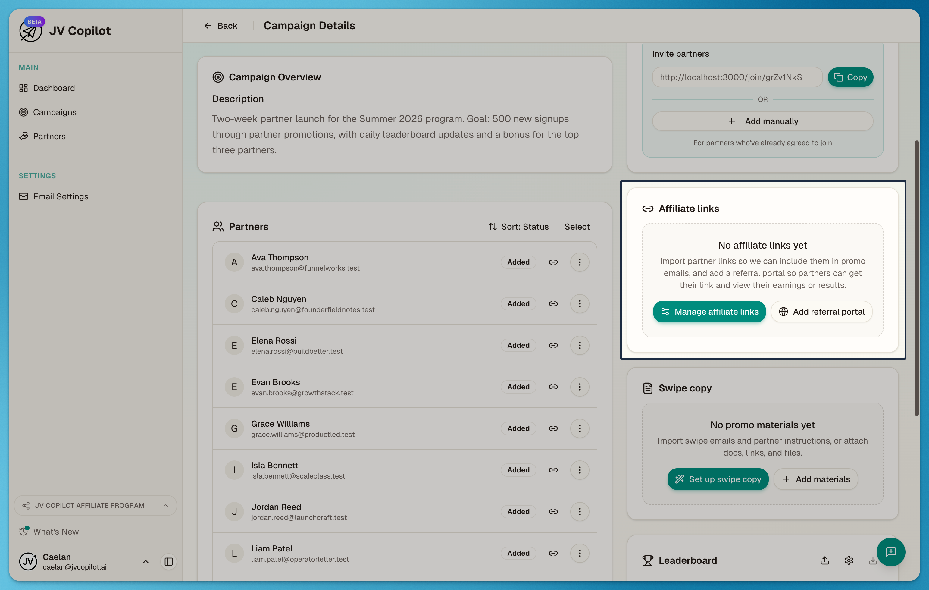 Affiliate links card with the Manage affiliate links and Add referral portal buttons