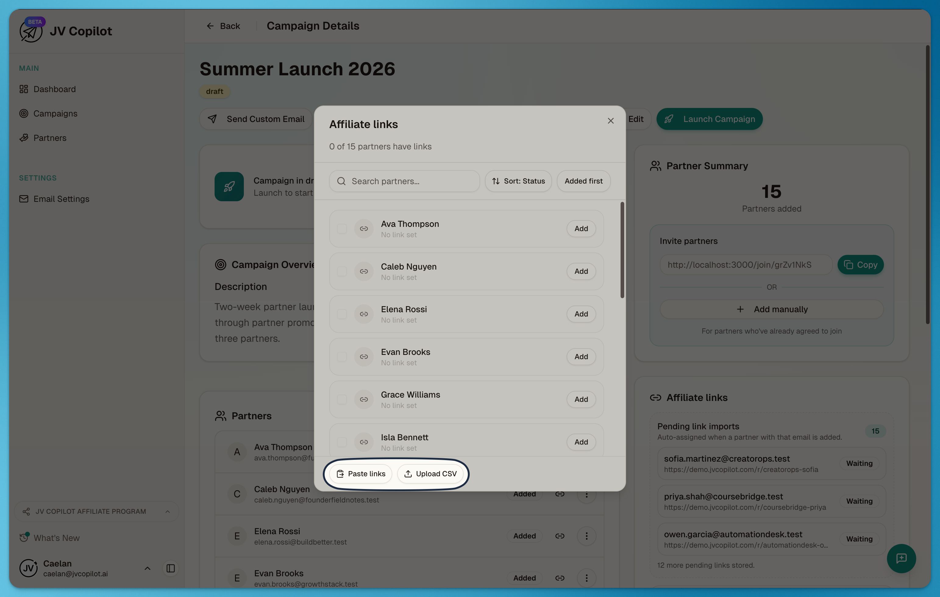 Manage affiliate links dialog with the Paste links and Upload CSV options for setting per-partner links