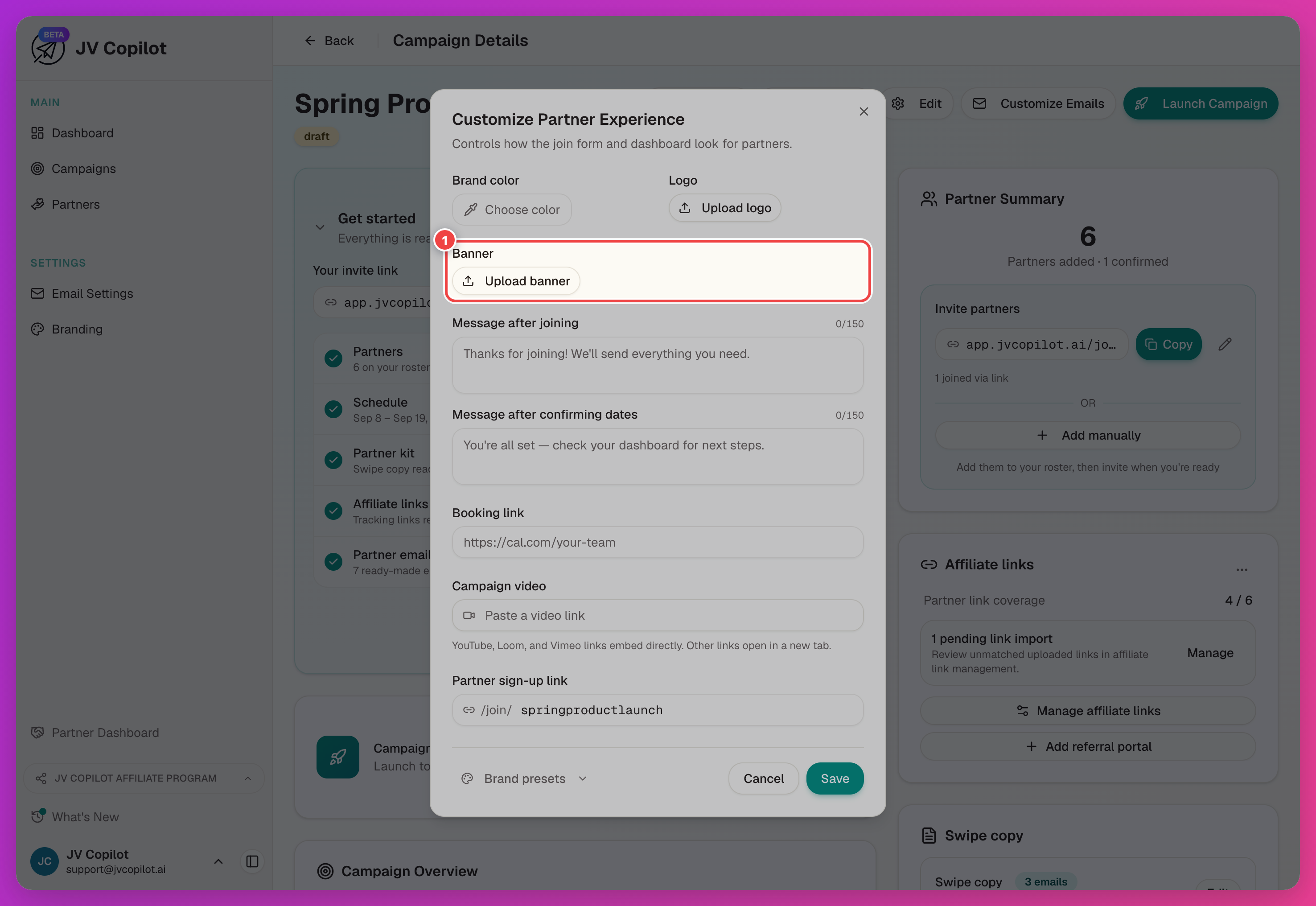 Customize Partner Experience dialog with the Banner upload field highlighted