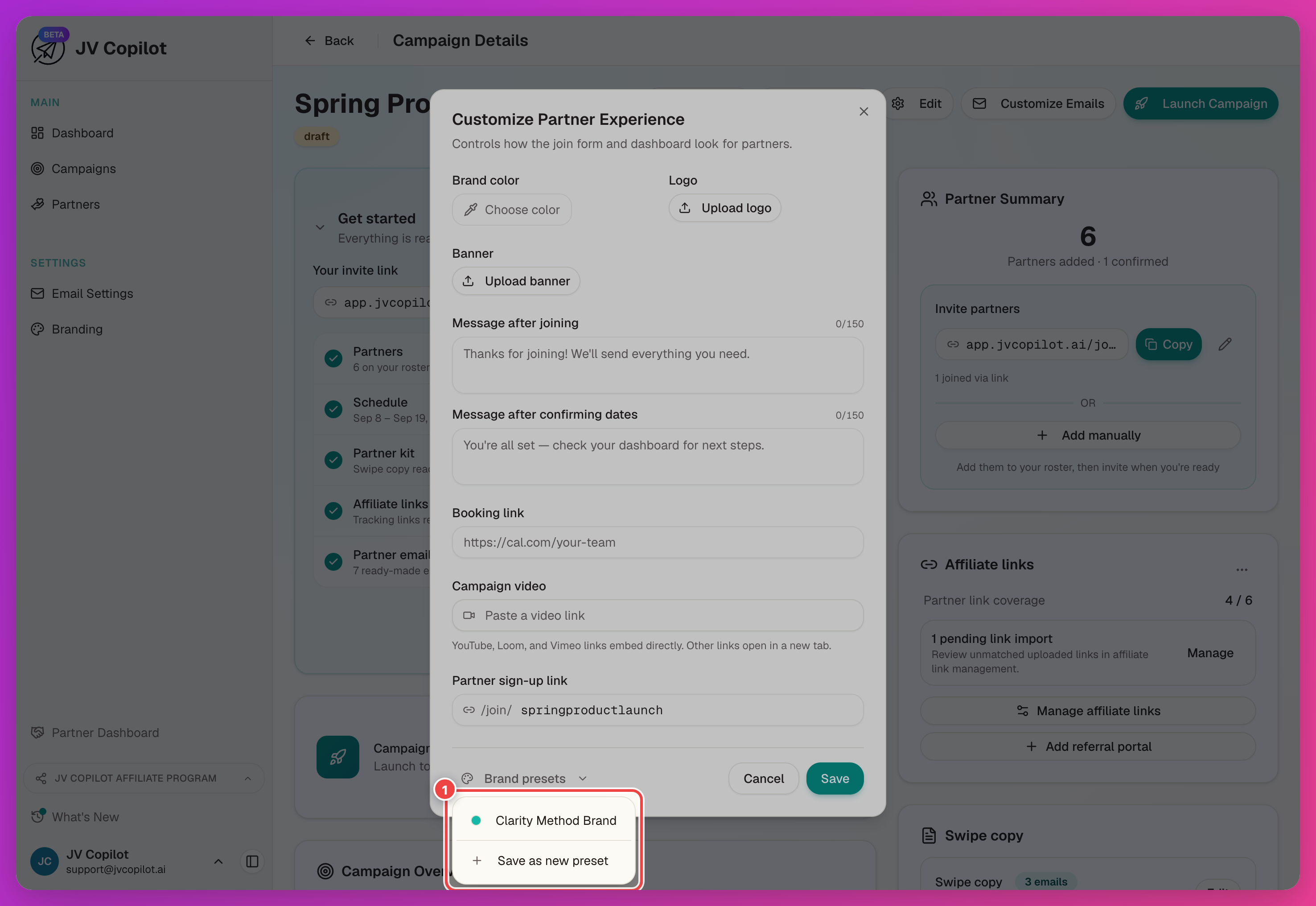 Customize Partner Experience dialog with the Brand presets dropdown open