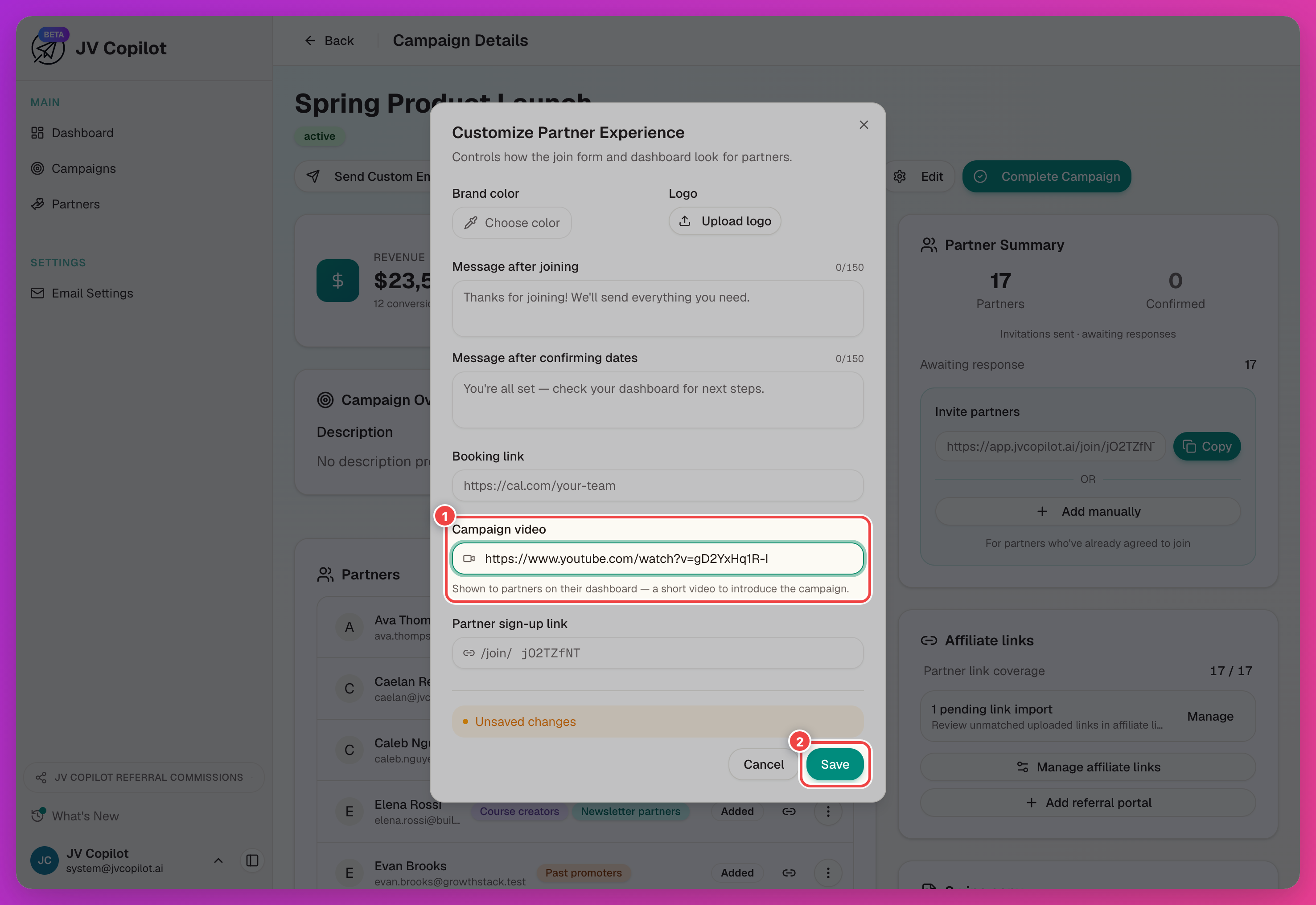 Customize Partner Experience dialog with the Campaign video field and Save button highlighted