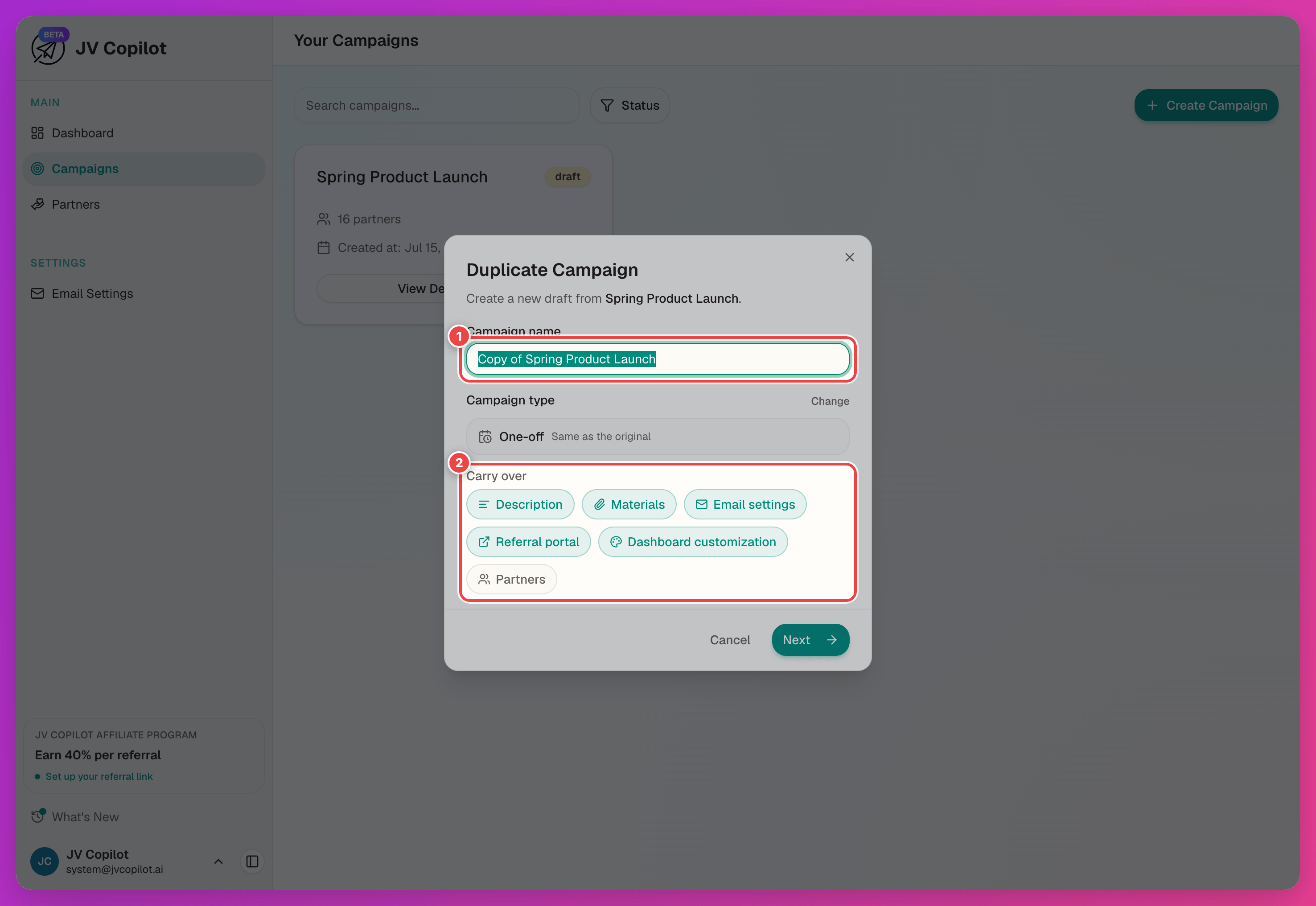 Duplicate Campaign modal with the name field and carry-over toggles highlighted