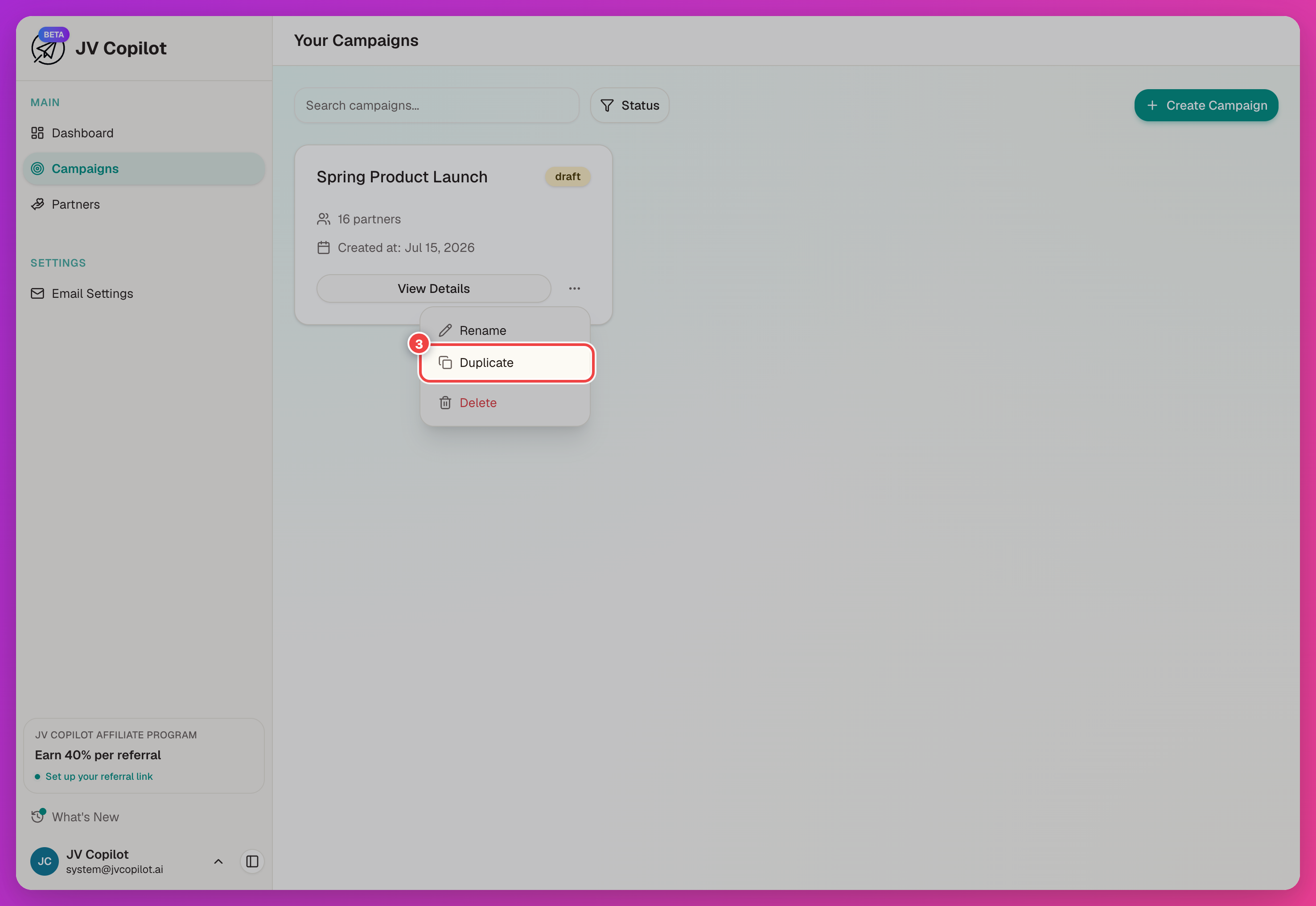 Campaigns page with the campaign card's actions menu open and the Duplicate option highlighted