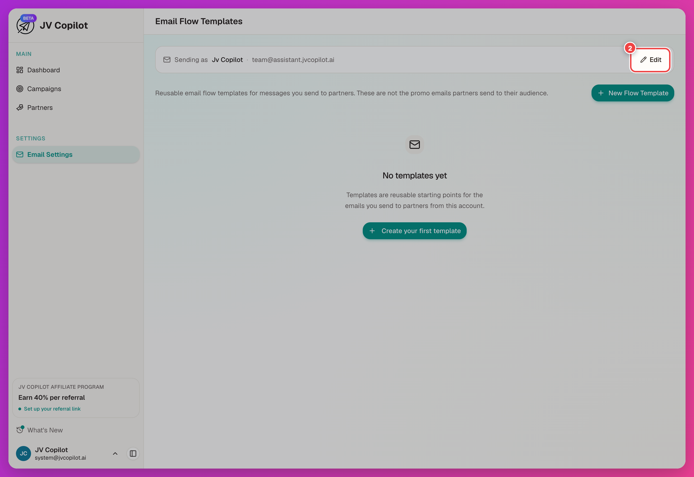 Email Settings page with the Sending as row's Edit button highlighted