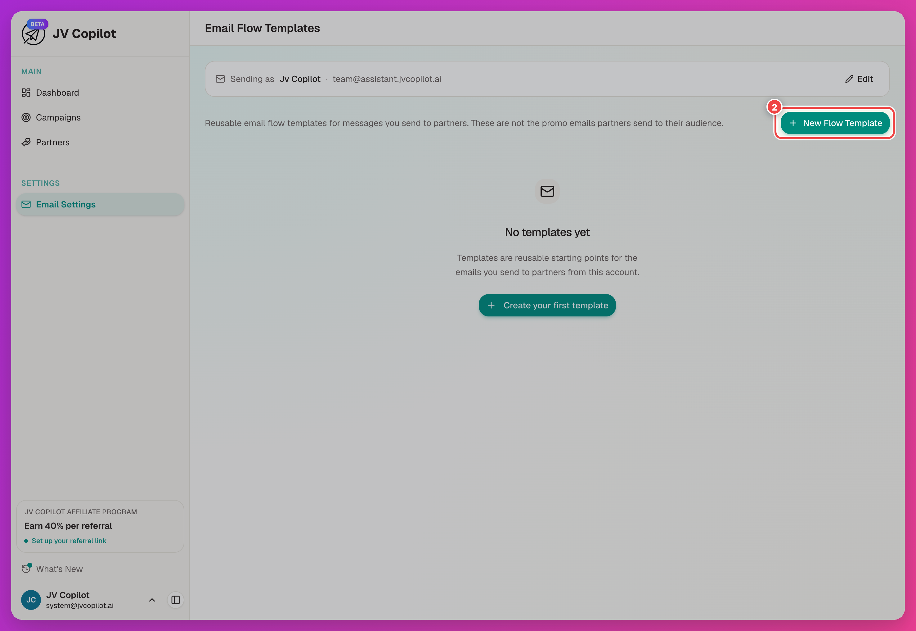 Email Settings page with the New Flow Template button highlighted