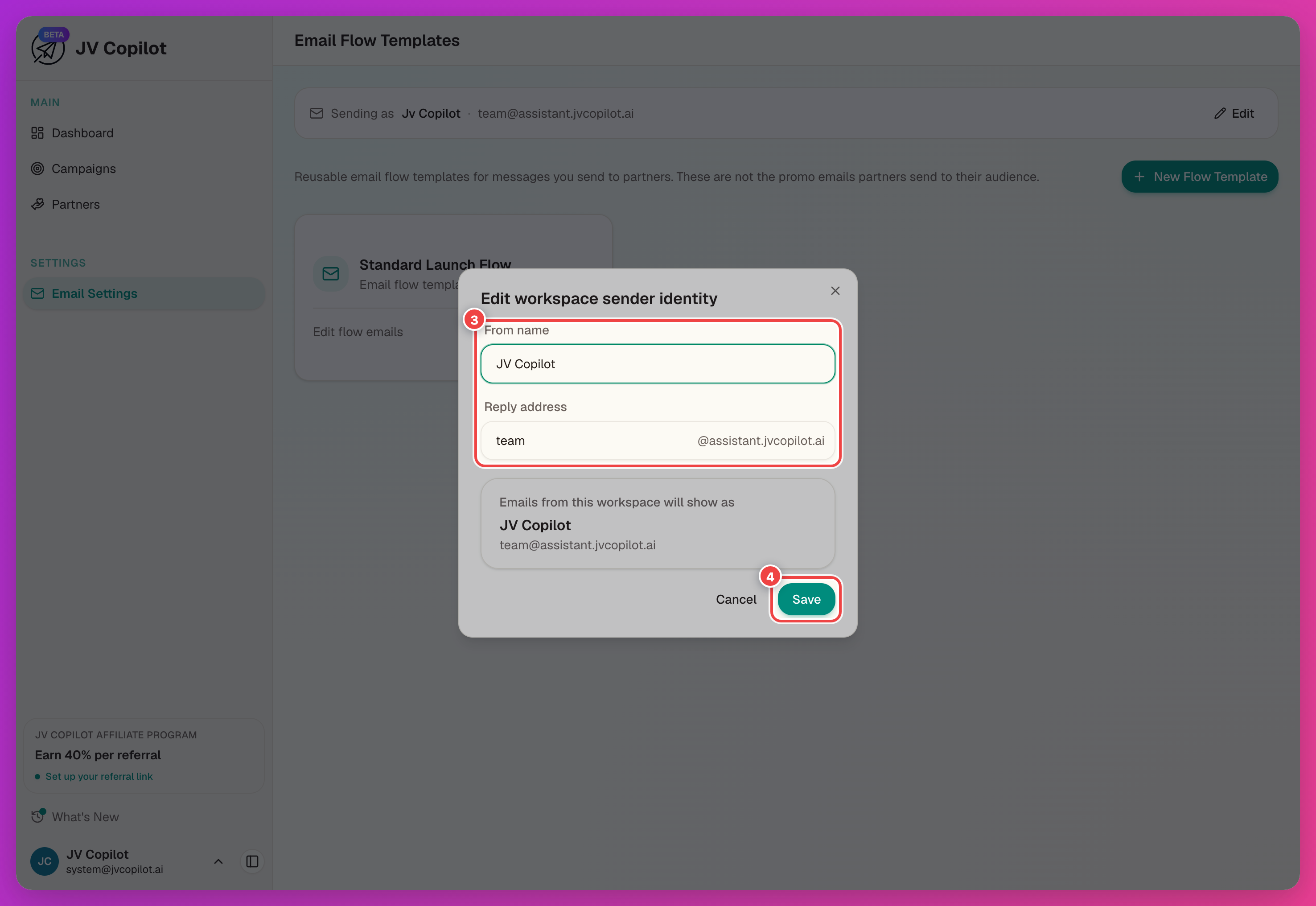 Edit sender identity dialog with the from name and reply address fields and the Save button highlighted