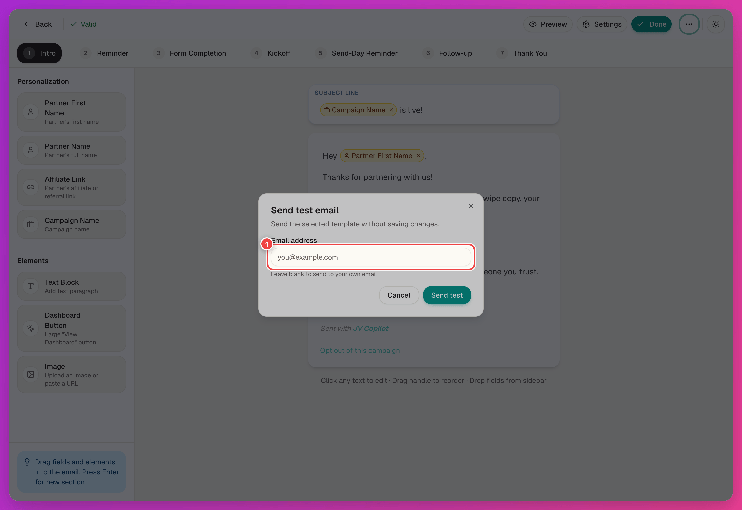 Send test email dialog with the recipient field highlighted