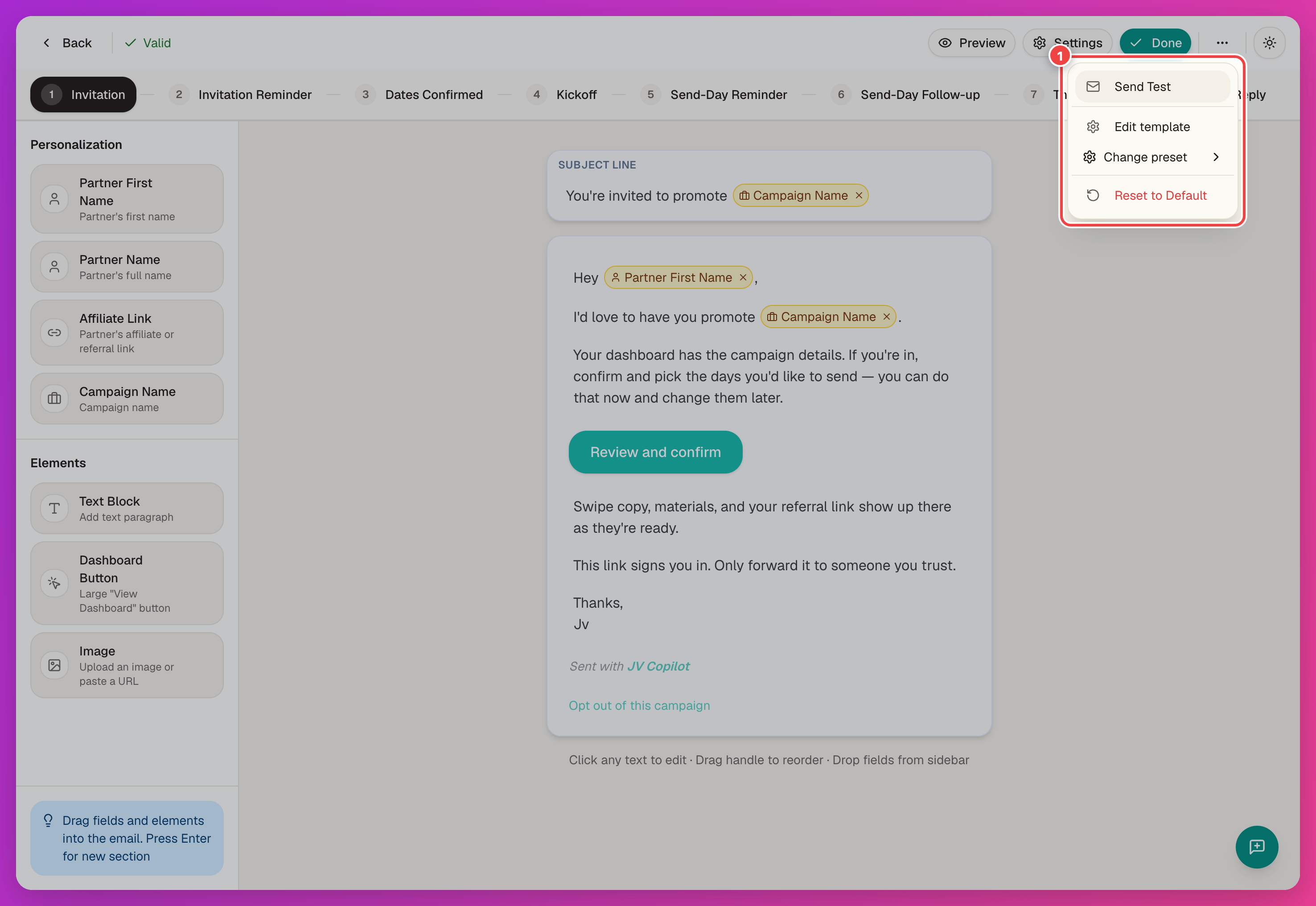 Campaign email editor with the More options menu open and Send Test highlighted
