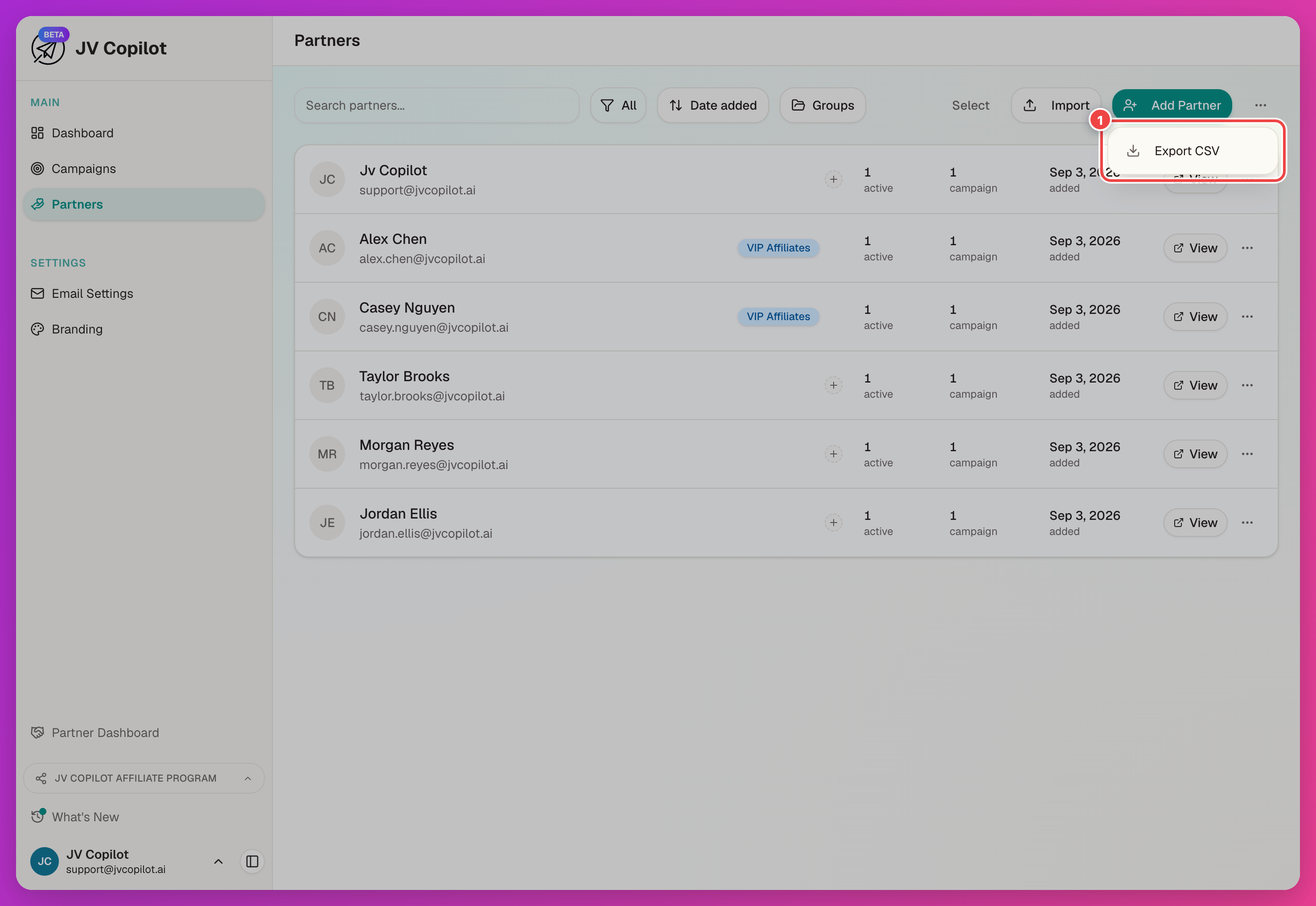 Partners page with the overflow menu open next to Add Partner, showing the Export CSV item