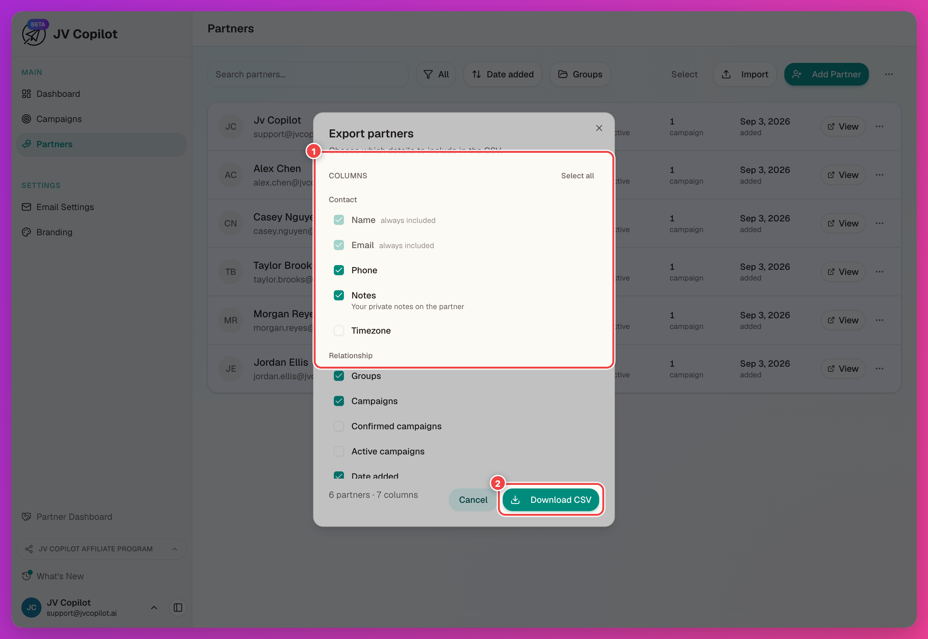 Export partners dialog with the column picker and Download CSV button highlighted