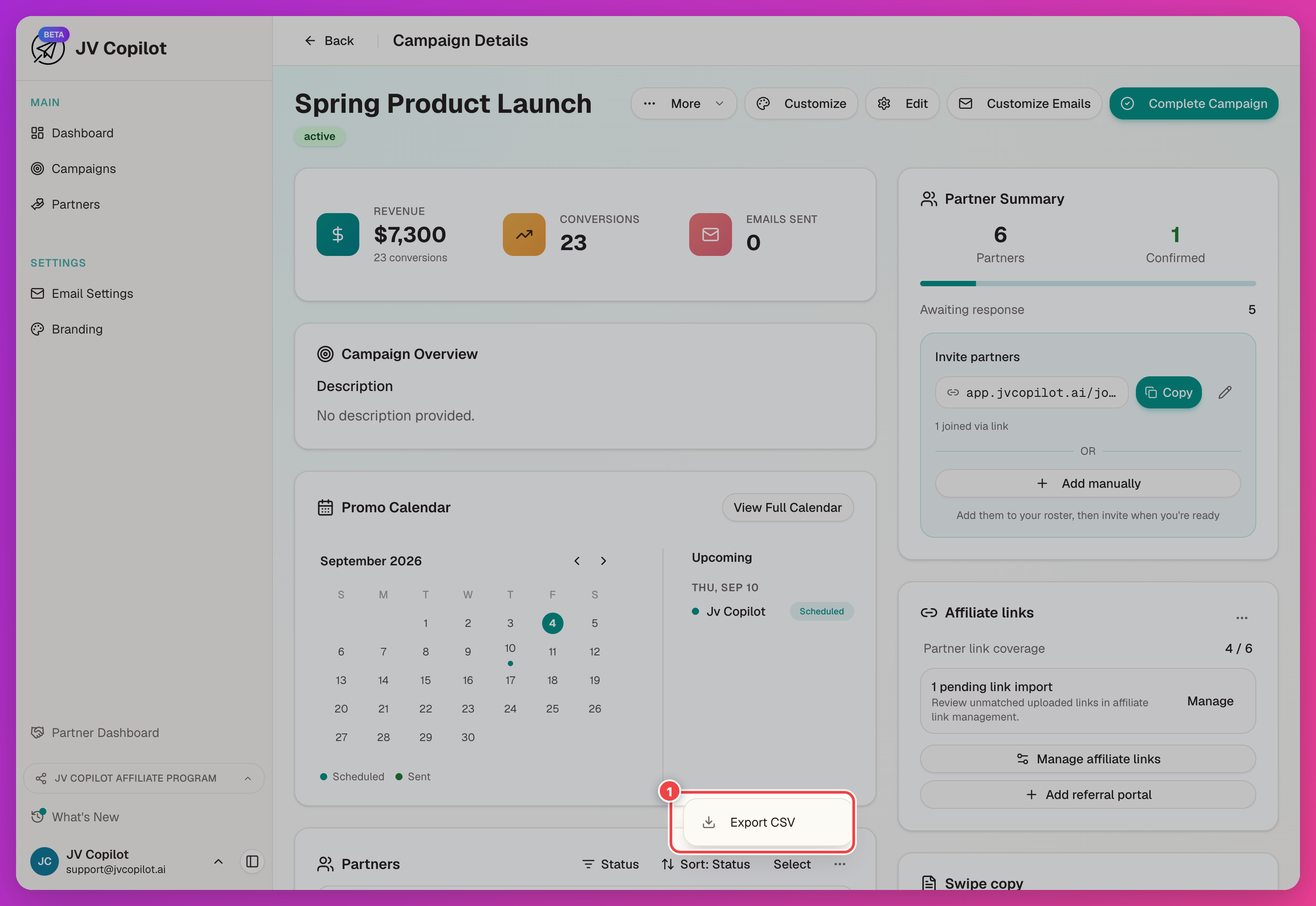 Campaign partner list toolbar with the overflow menu open showing Export CSV