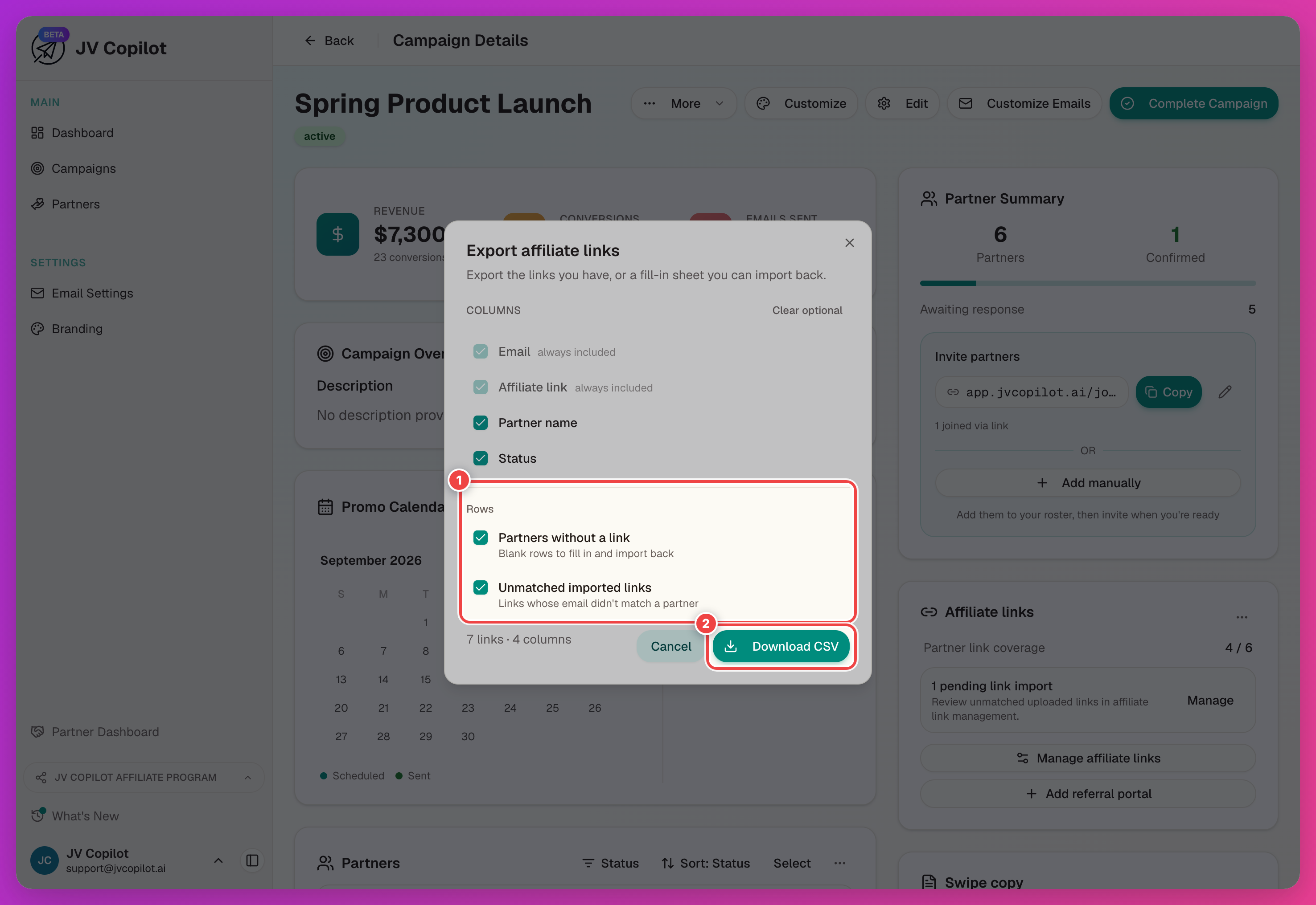 Export affiliate links dialog with the Partners without a link toggle and Download CSV button highlighted