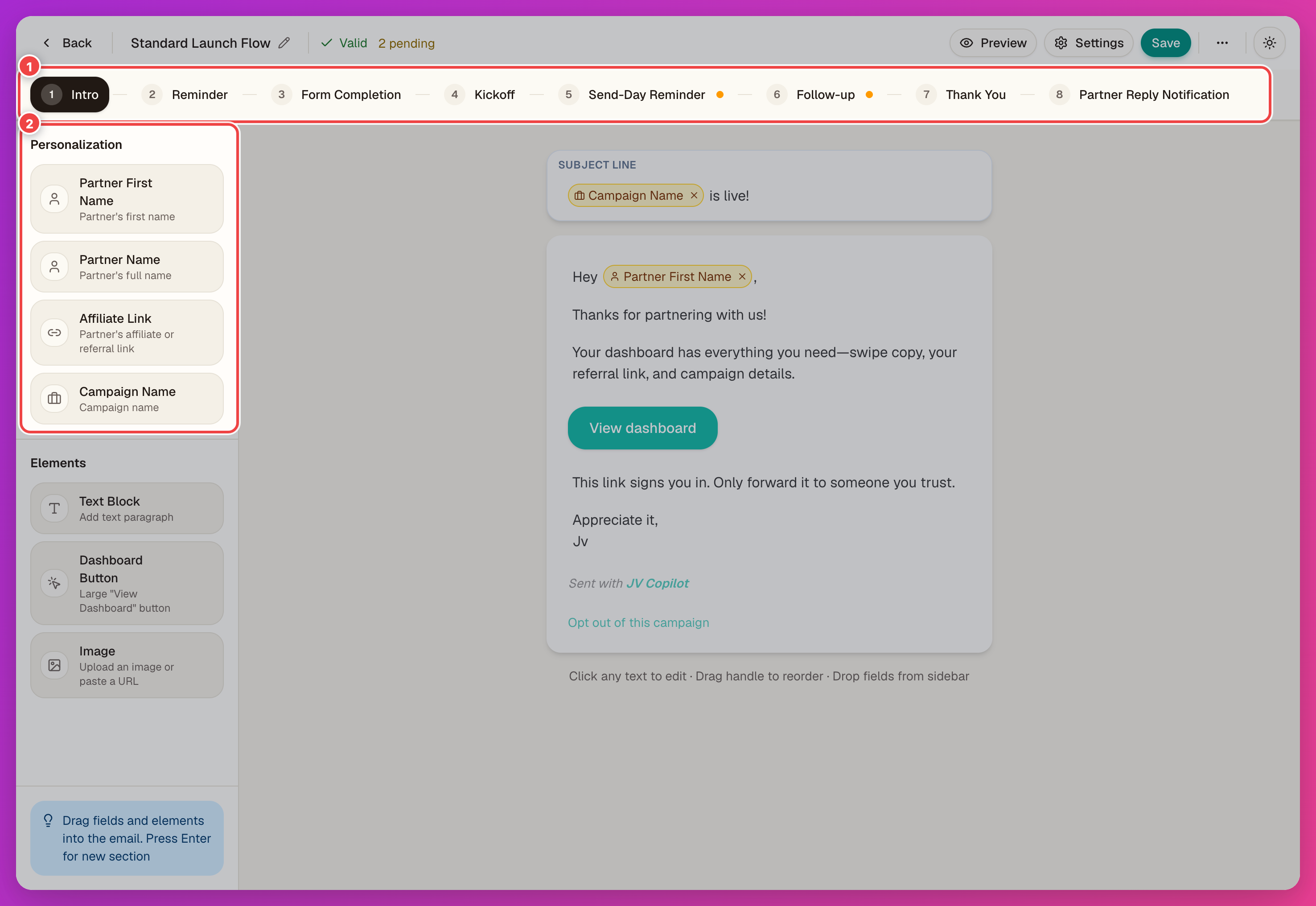 Flow template editor with the eight-email step rail and the Personalization panel highlighted