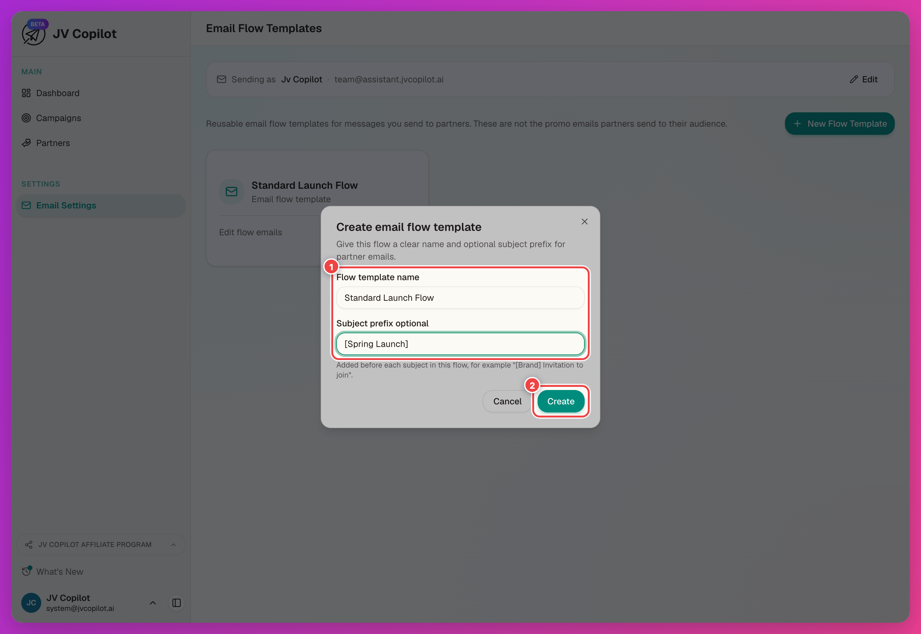 Create email flow template dialog with the name and subject prefix fields and the Create button highlighted