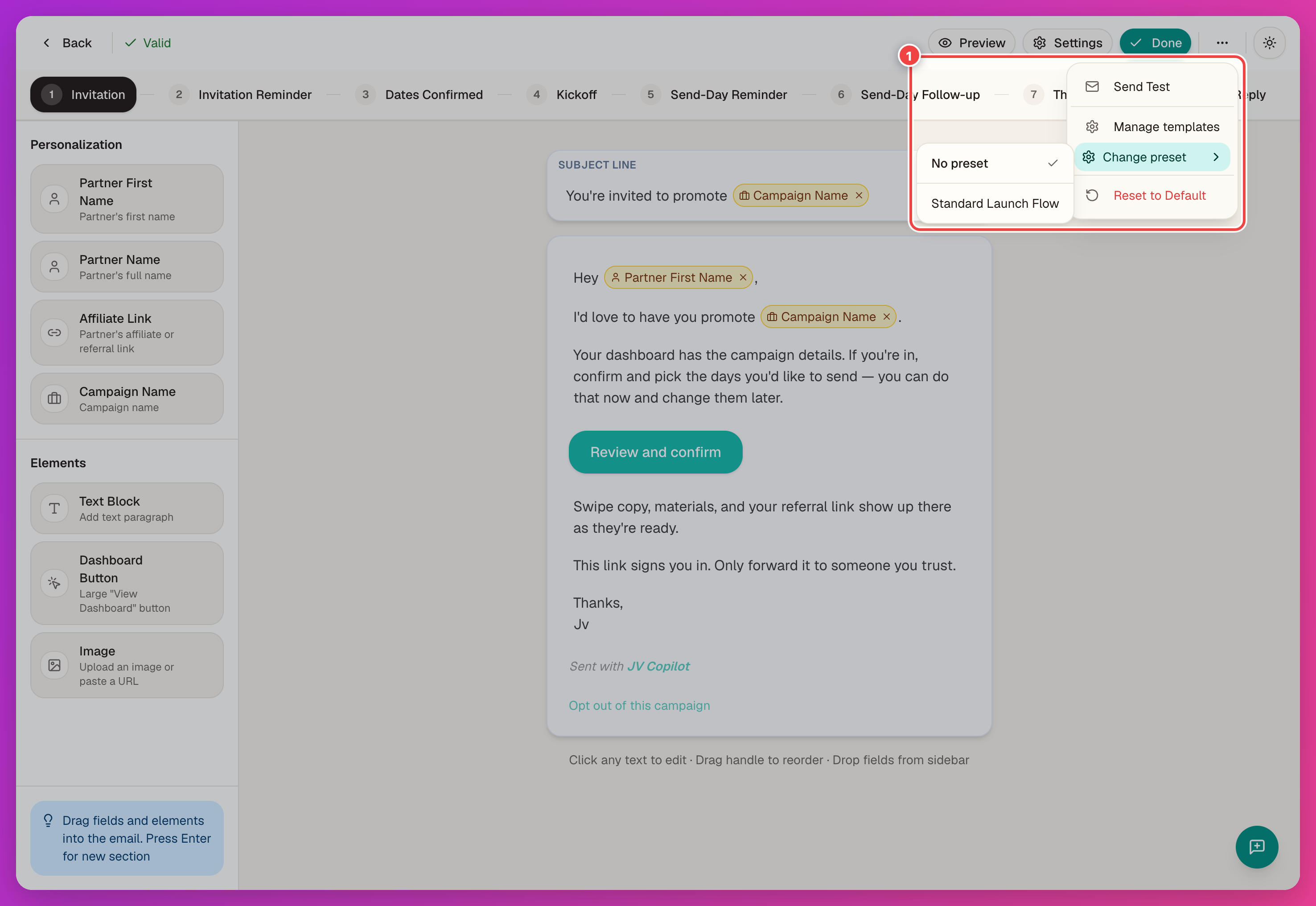 Campaign email editor's More options menu open, showing the Change preset submenu with the list of saved presets