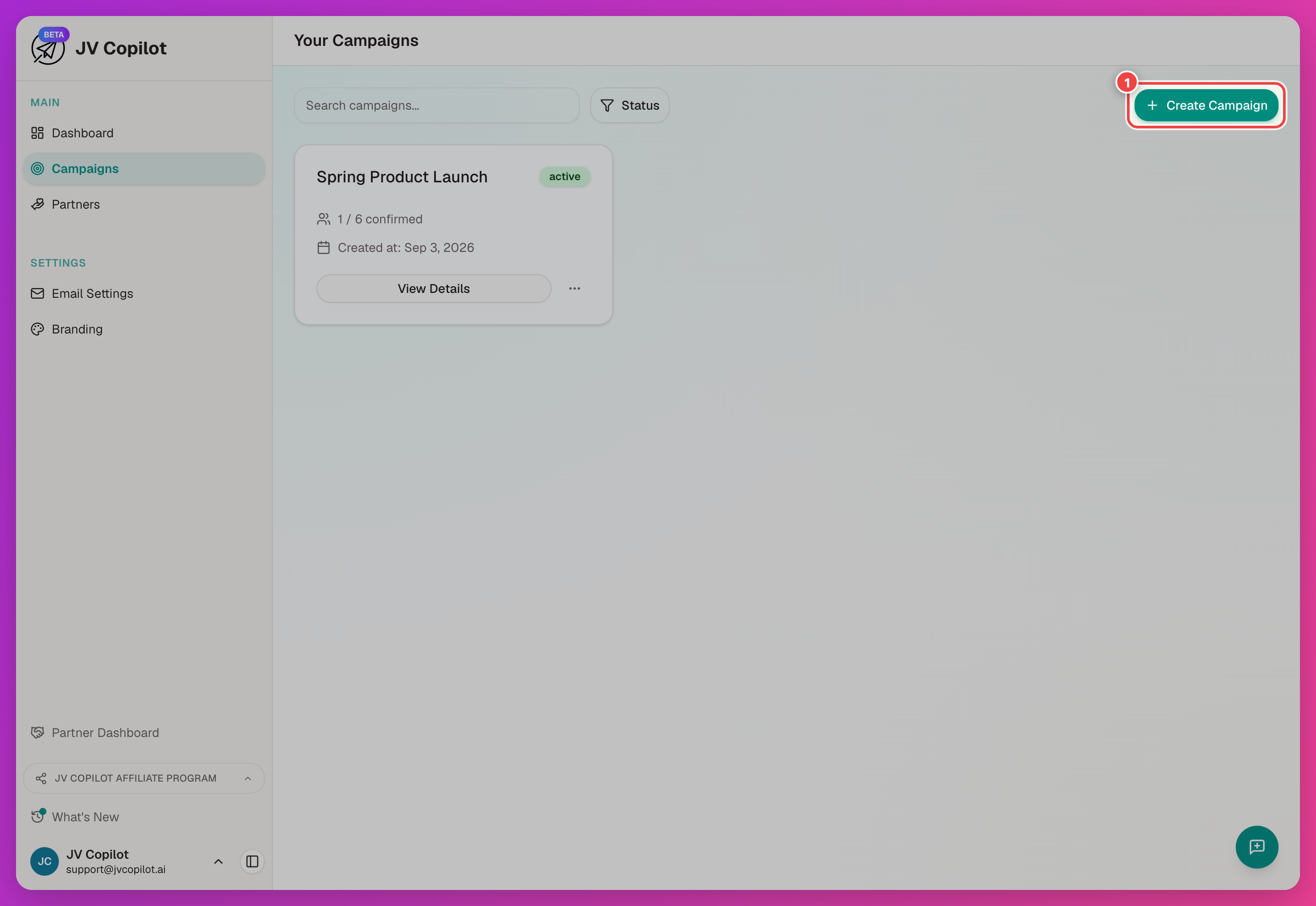 Campaigns page with the Create Campaign button highlighted