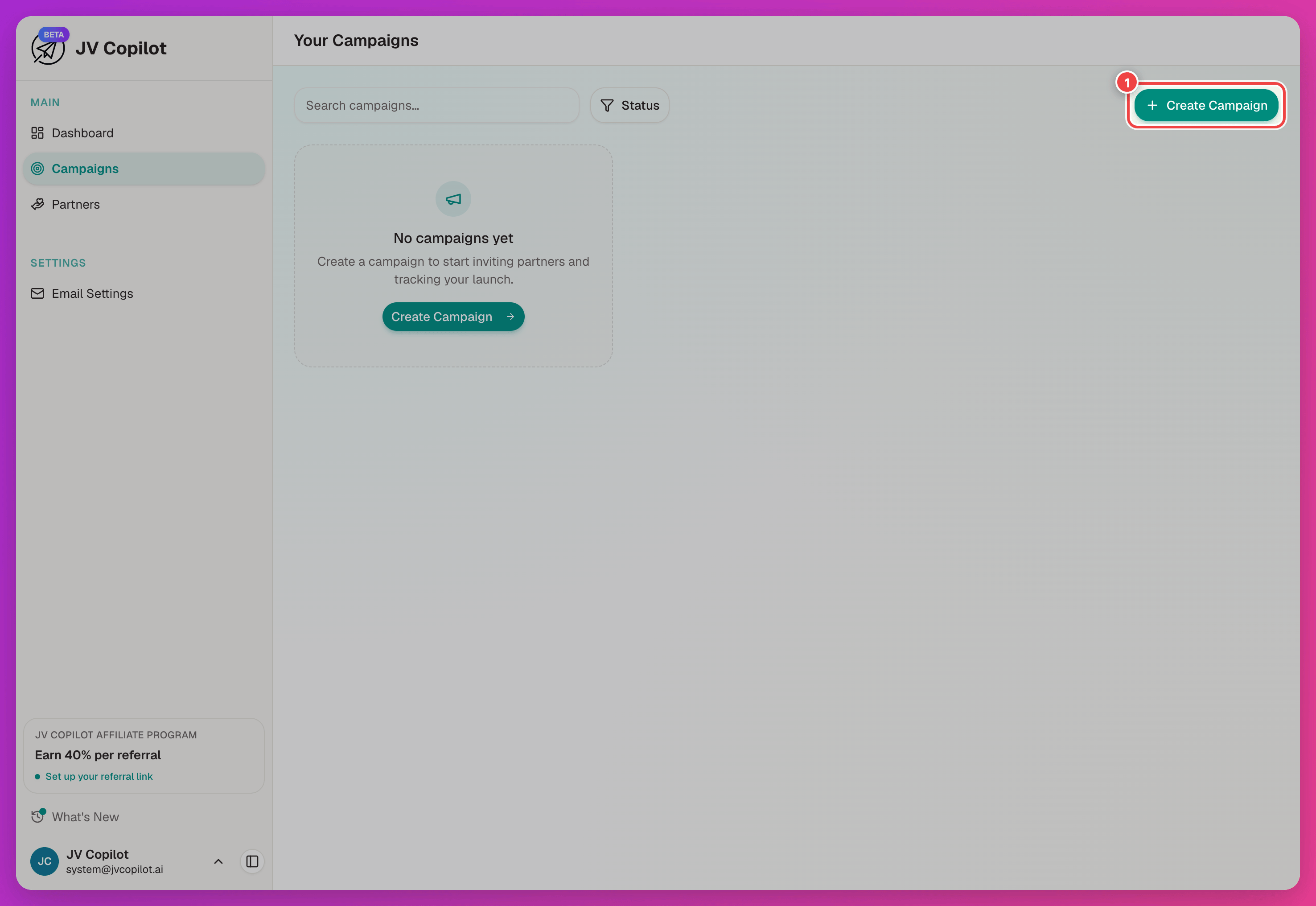 Campaigns page with the Create Campaign button highlighted