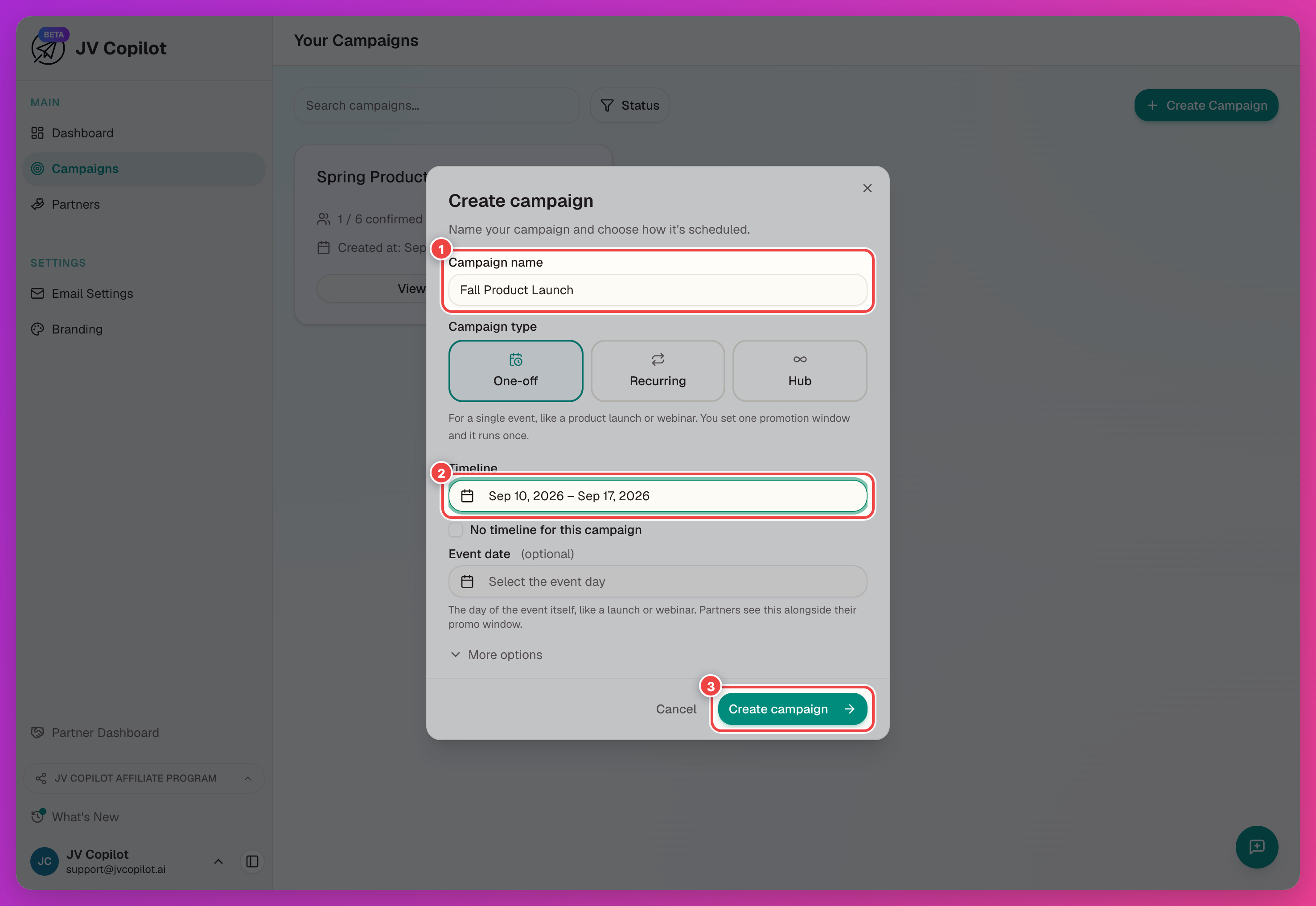 Create Campaign modal with the name, timeline, and Create Campaign button highlighted