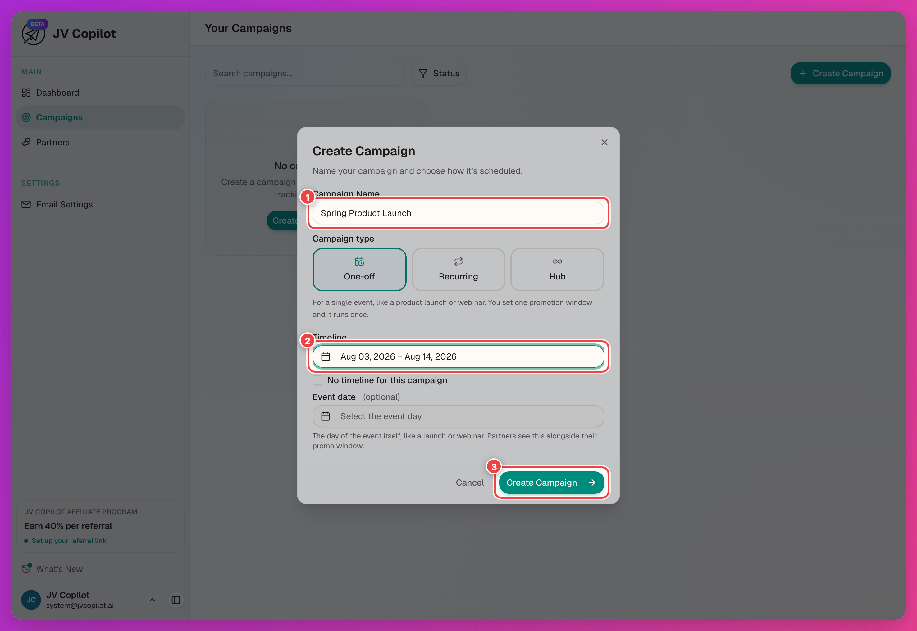 Create Campaign modal with the name filled in and the Create Campaign button highlighted