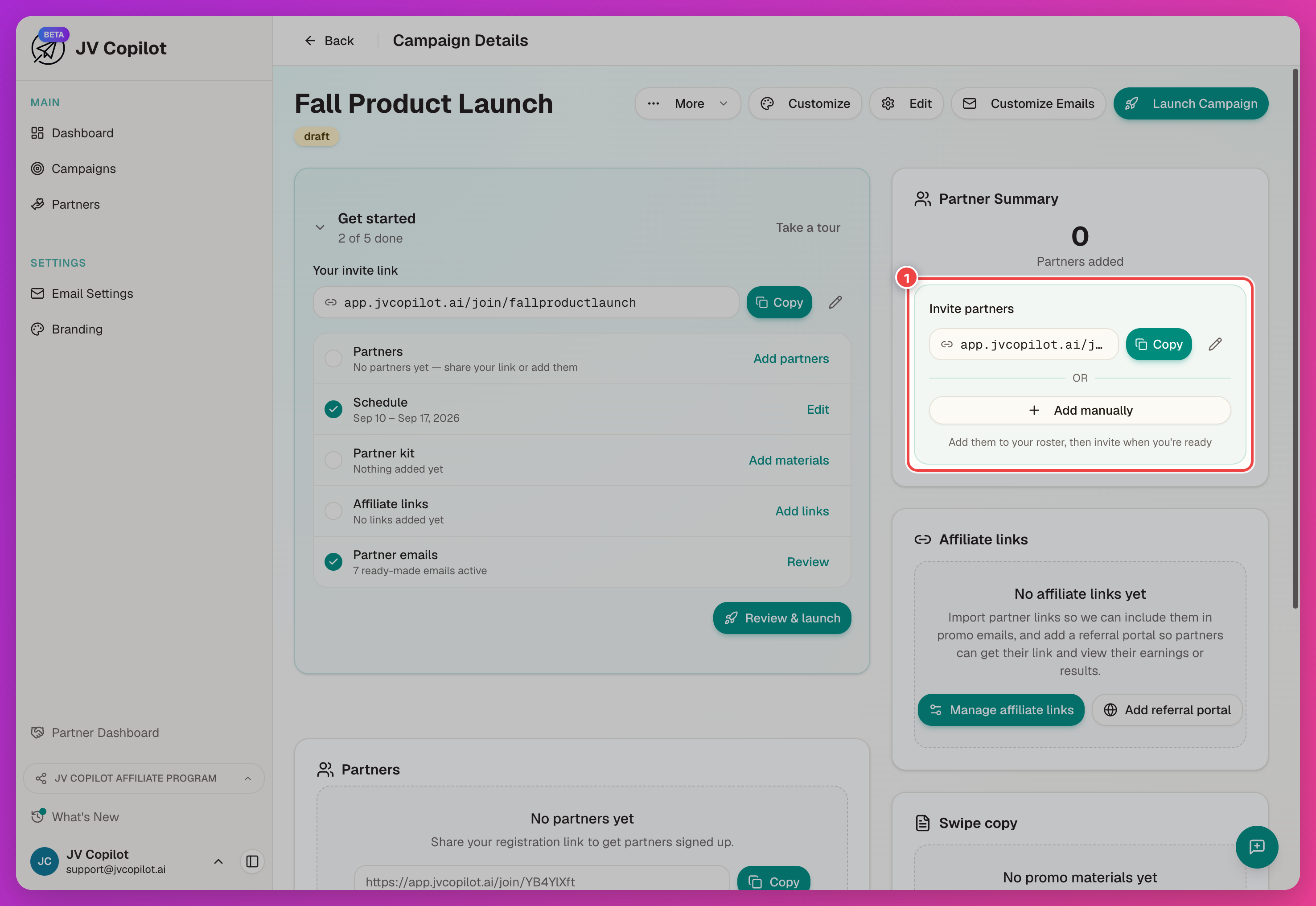 Campaign page Invite partners panel with the join link and Add manually button highlighted