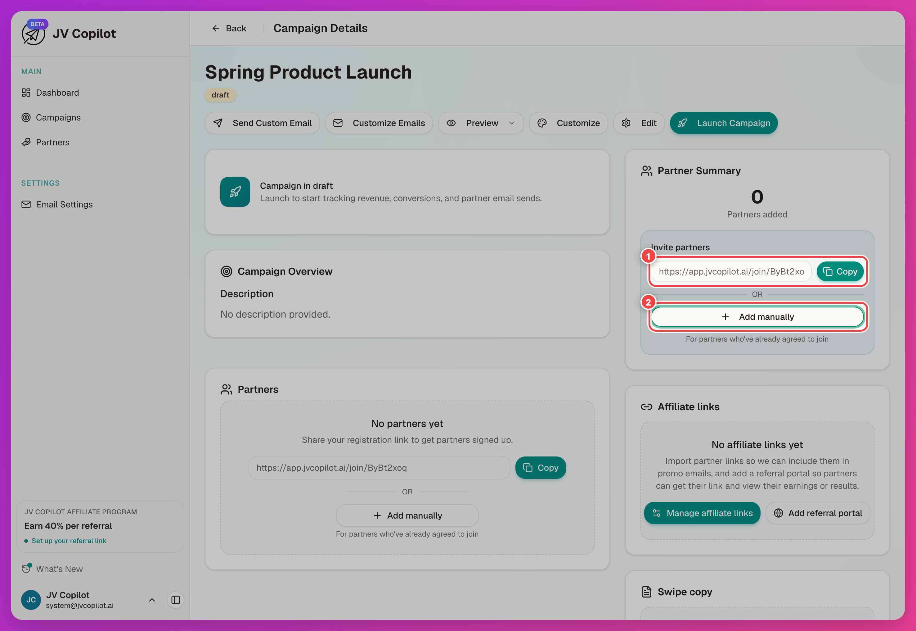 Campaign page Invite partners panel with the join link and Add manually button highlighted