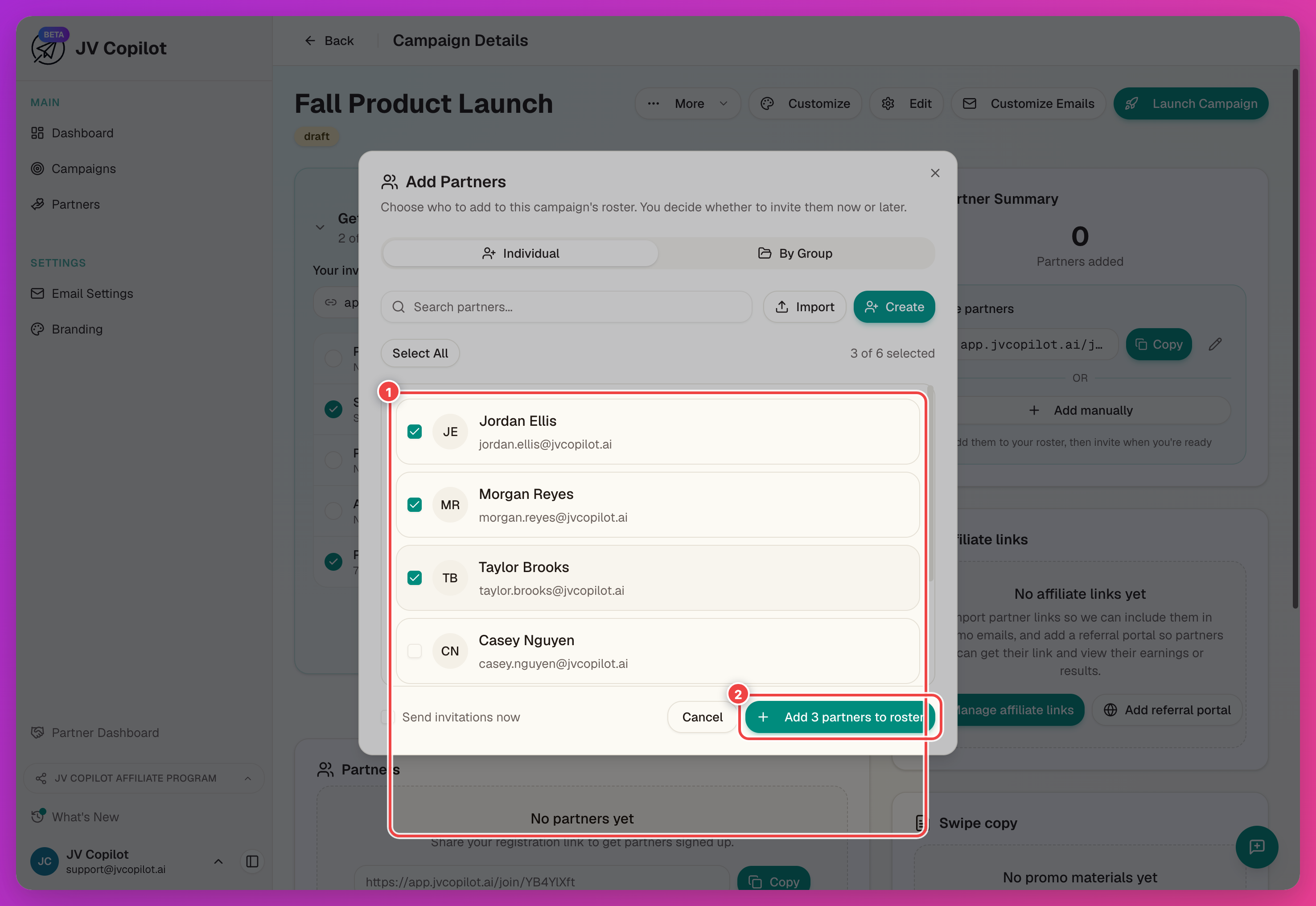 Add Partners modal with the partner selection list and confirm button highlighted