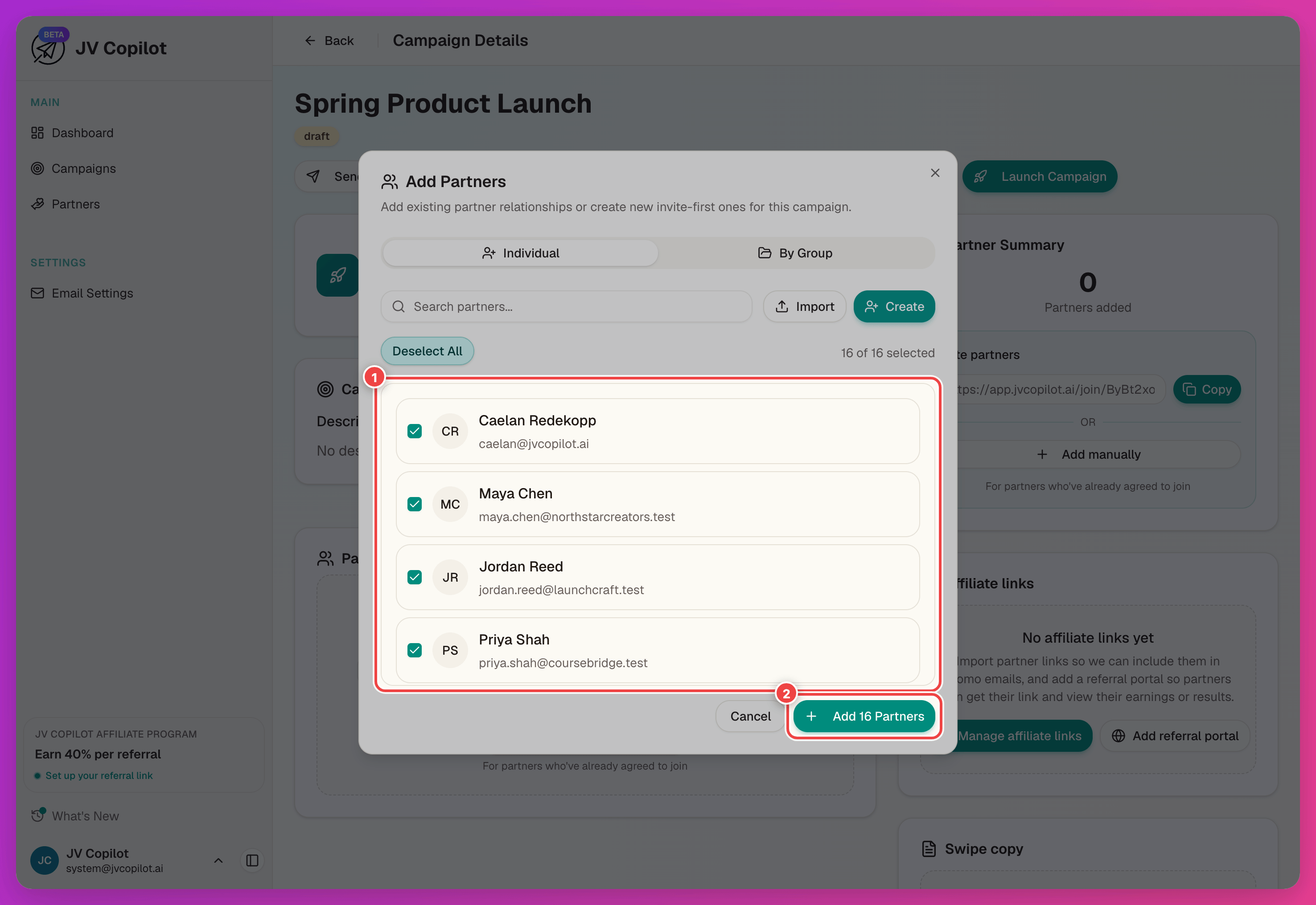 Add Partners modal with the partner selection list and confirm button highlighted