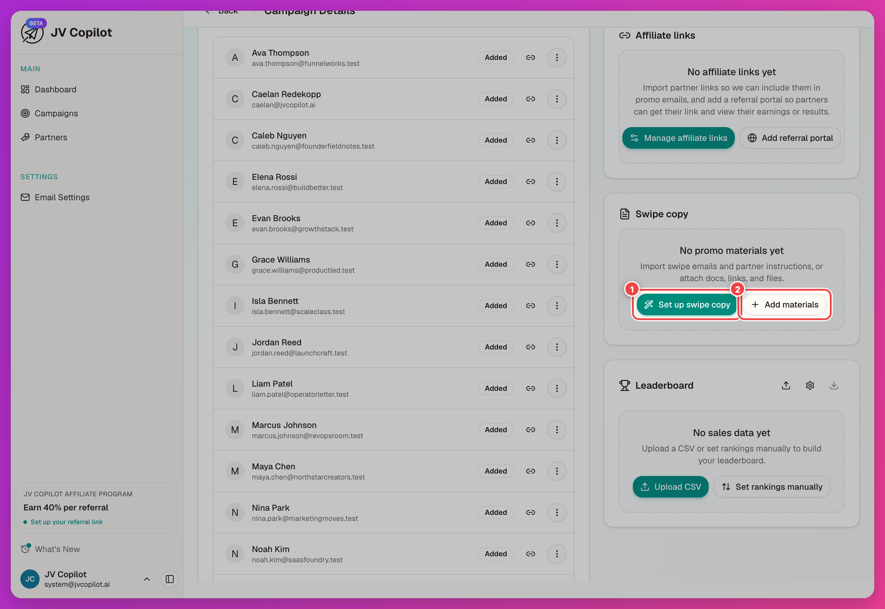 Campaign page Swipe copy card with the Set up swipe copy and Add materials buttons highlighted