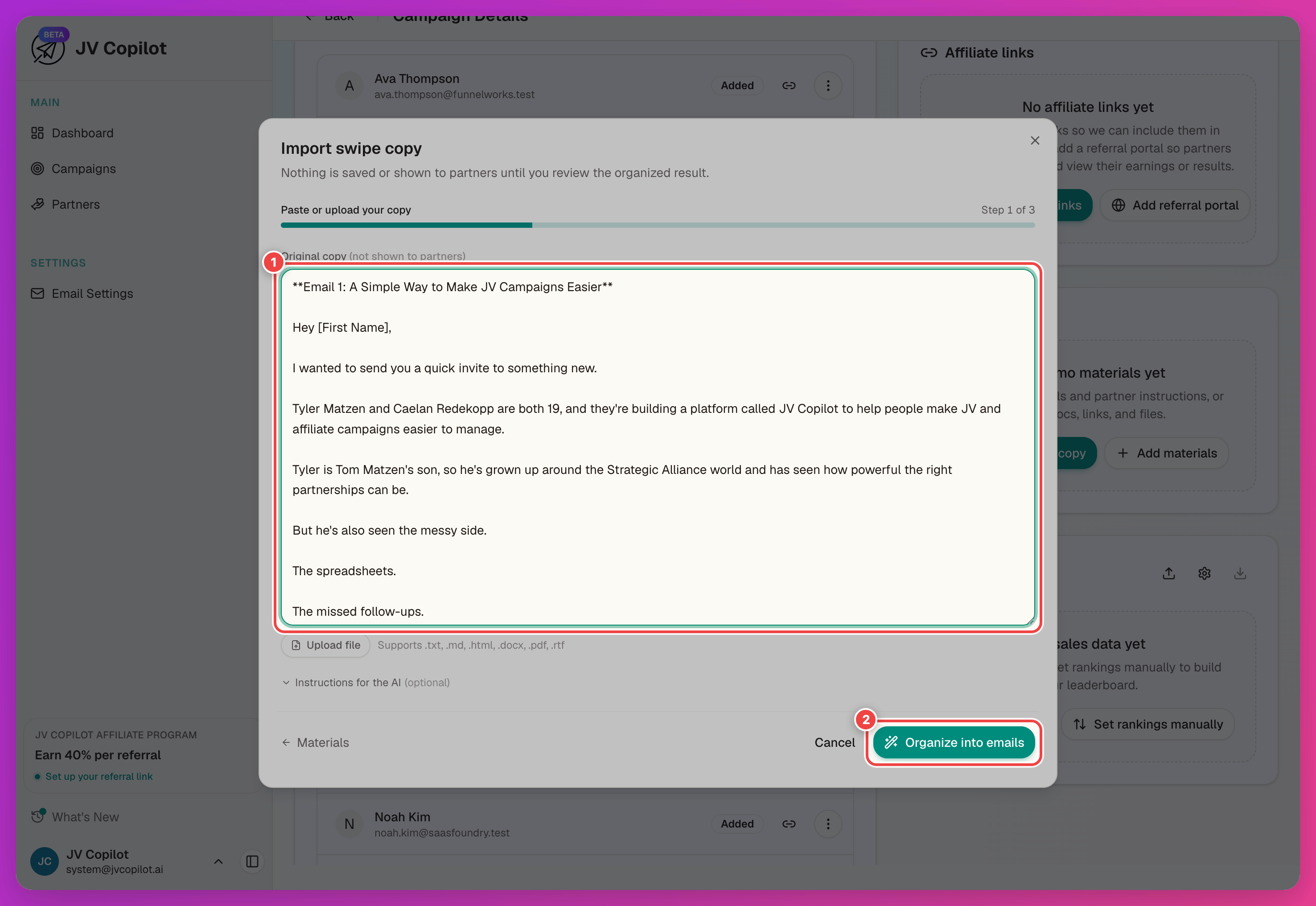 Import swipe copy dialog with the original copy field and Organize into emails button highlighted