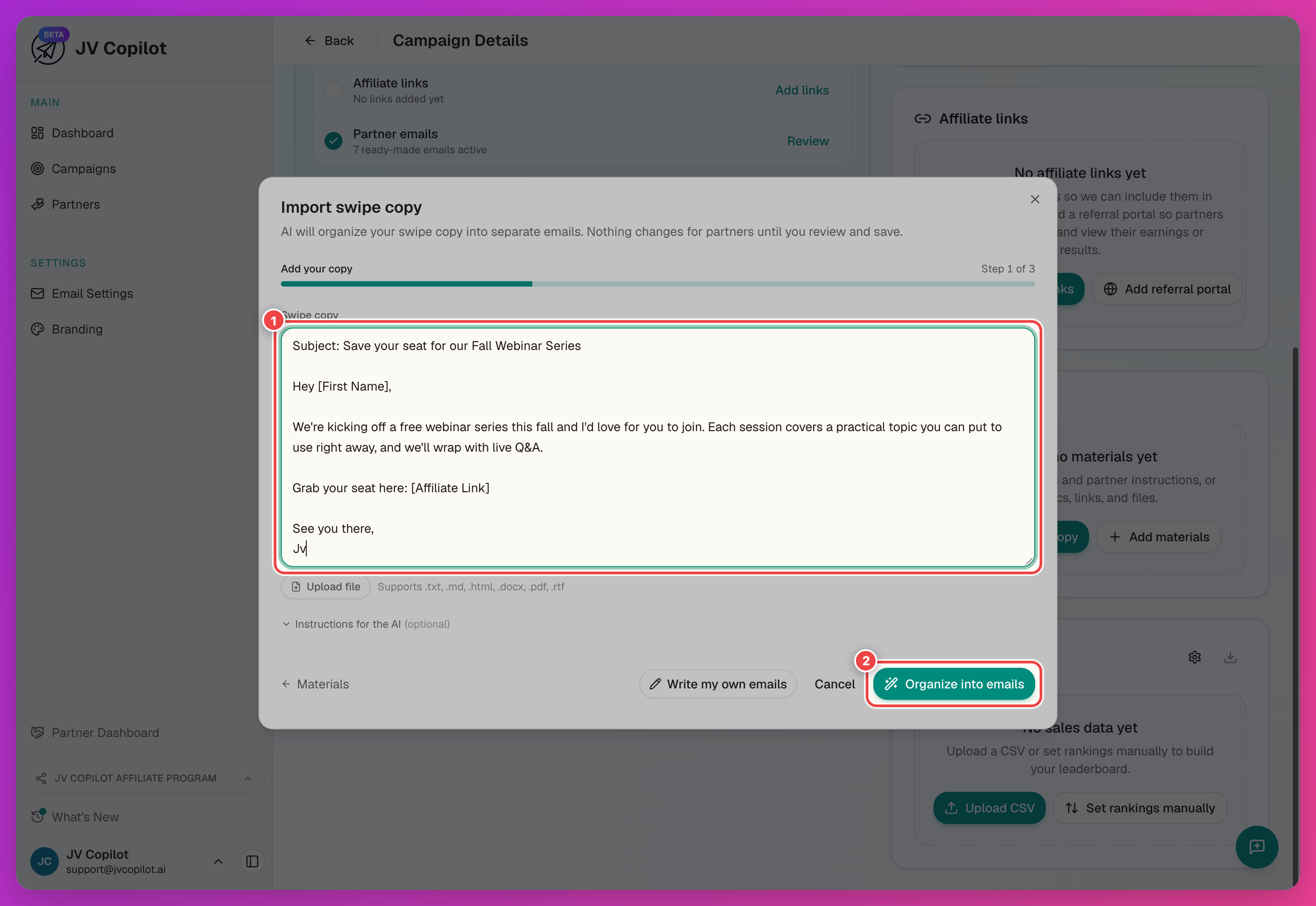 Import swipe copy dialog with the swipe copy field and Organize into emails button highlighted