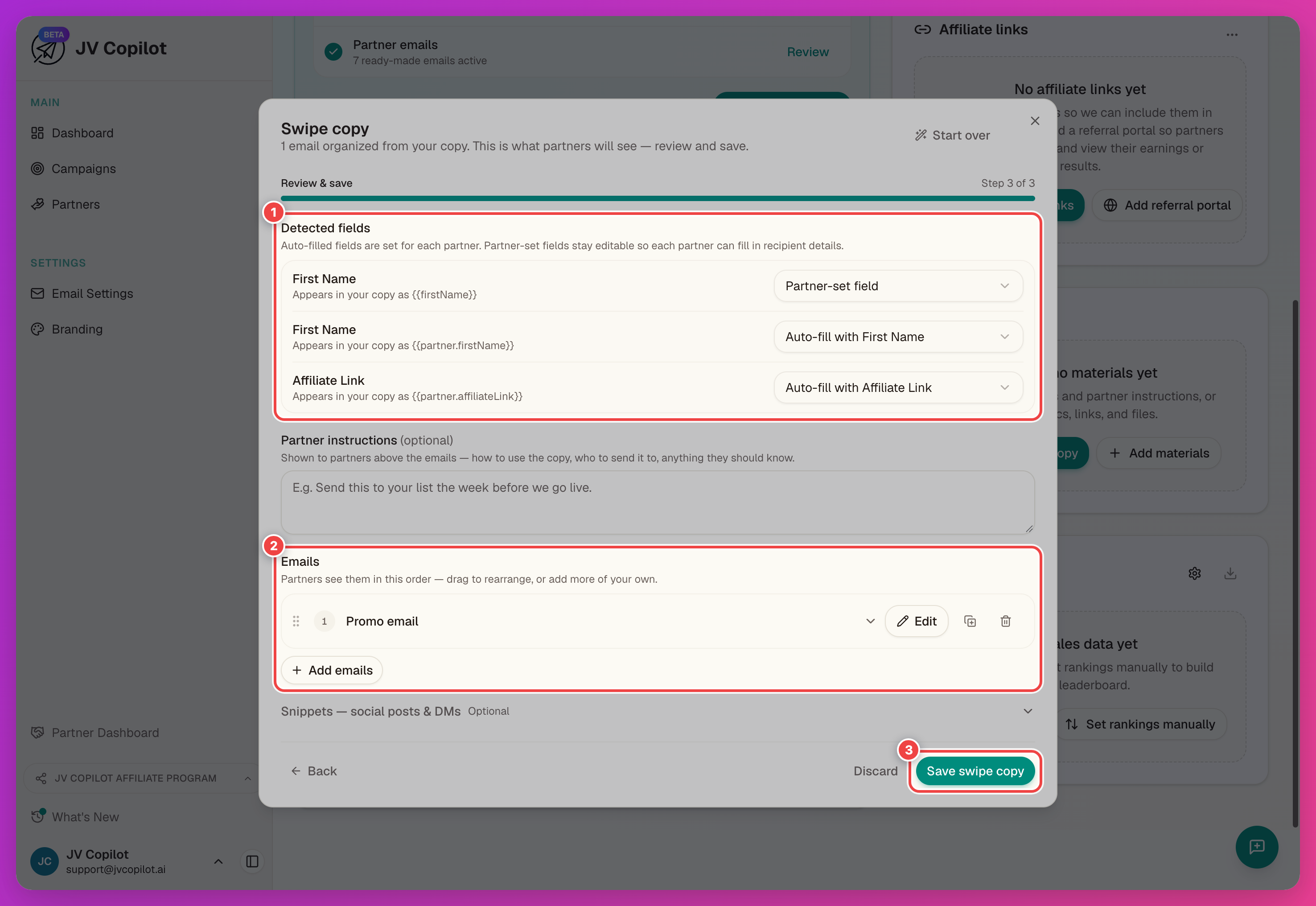 Swipe copy review step with the detected fields, organized emails, and Save swipe copy button highlighted