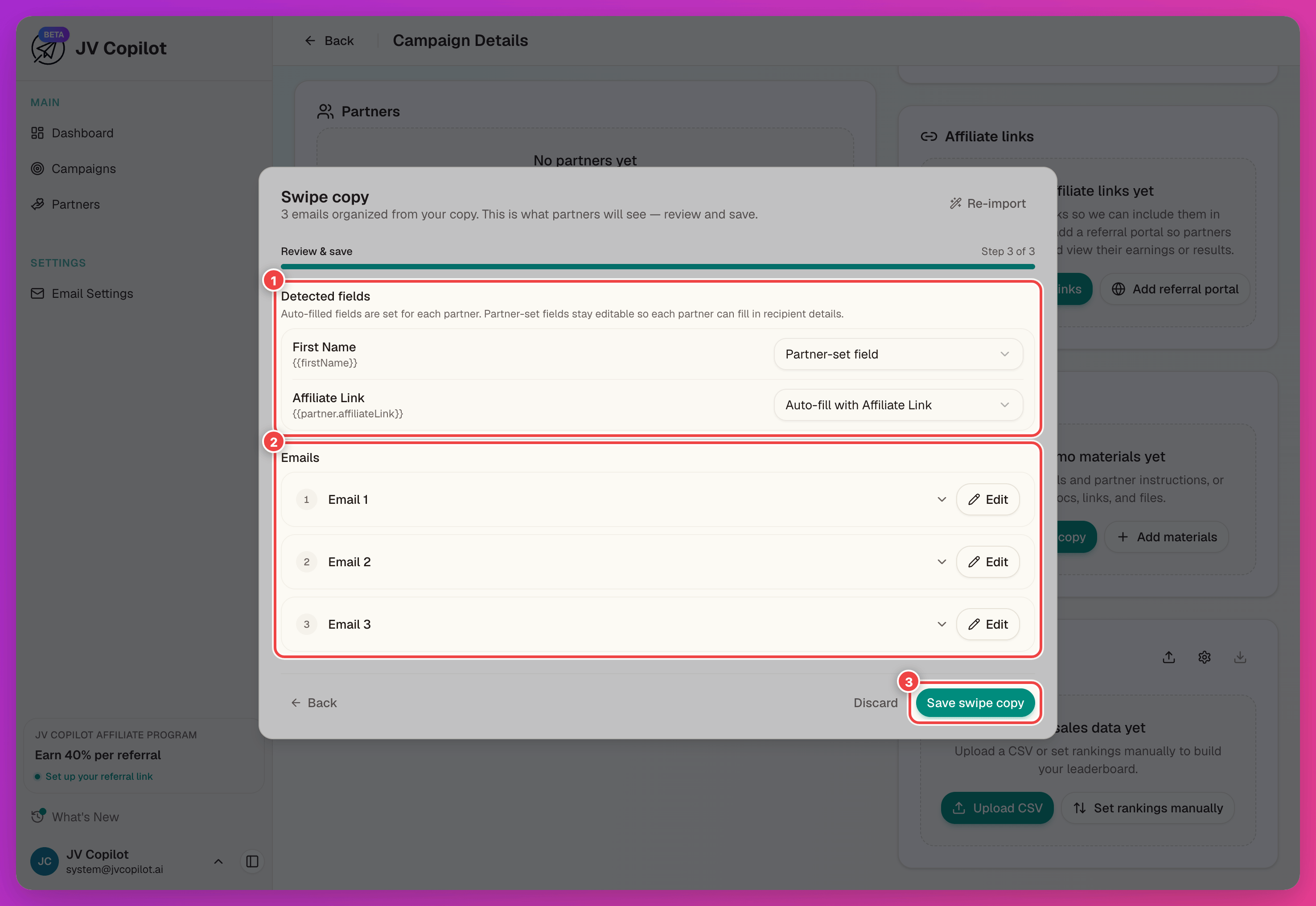 Swipe copy review step with the detected fields, organized emails, and Save swipe copy button highlighted